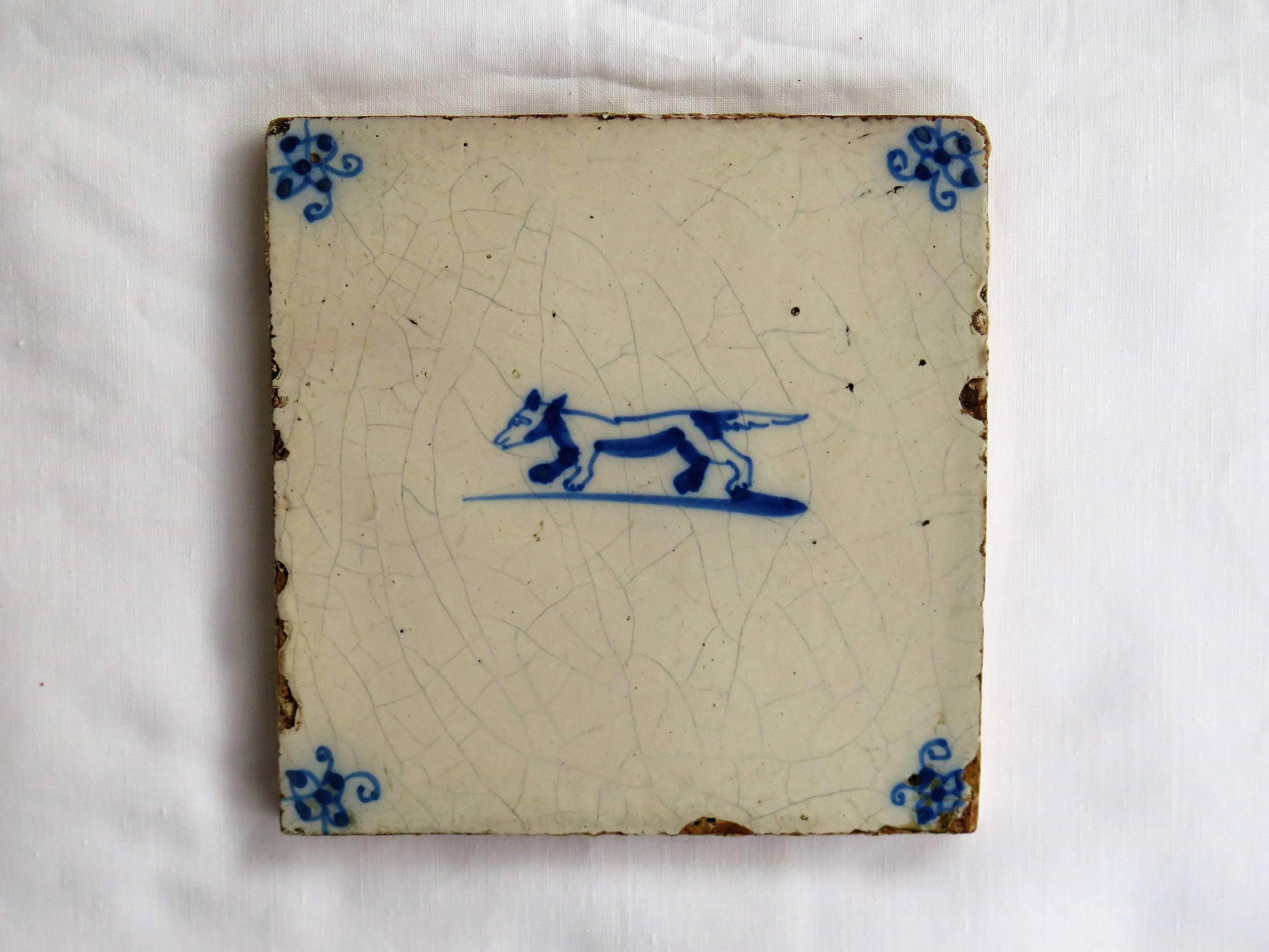 Three 18th Century Delft Blue and White Ceramic Wall Tiles, Dog Patterns 1