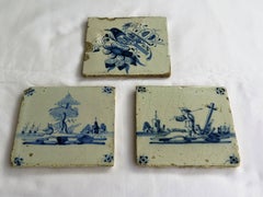 Three 18th Century Delft Blue and White Ceramic Wall Tiles, Two Views and Bird