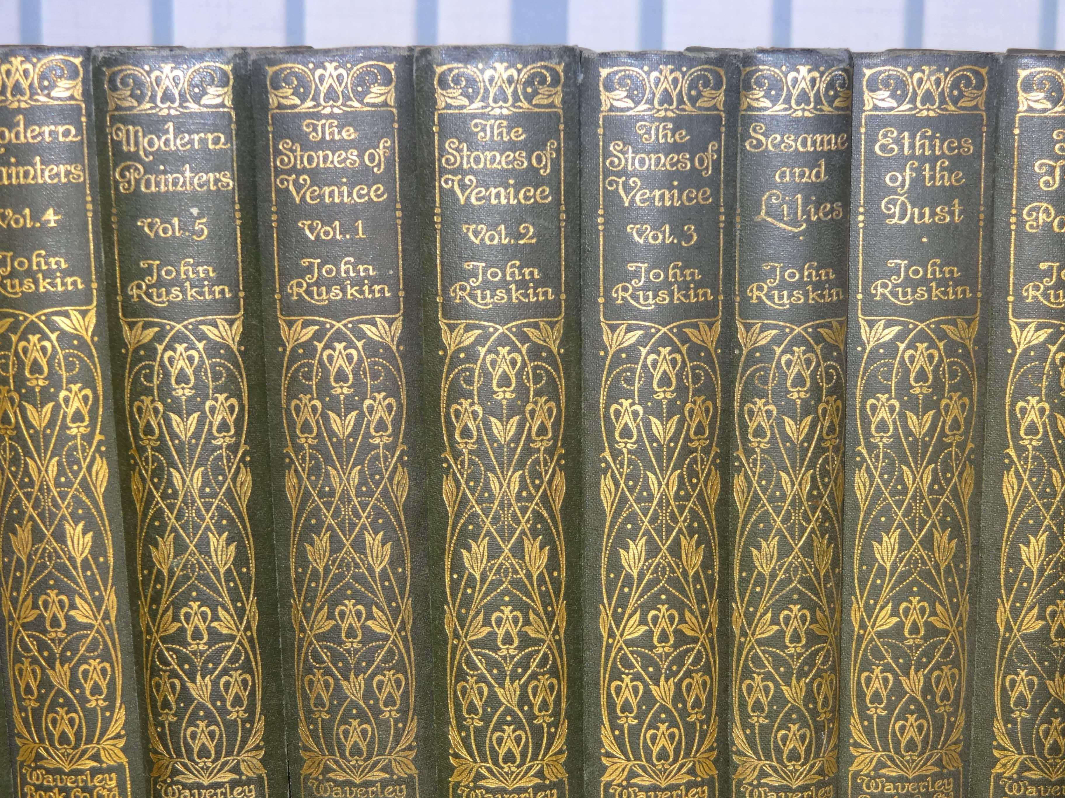 This complete set of the works of John Ruskin were published by the Waverley Book Company. Each book is bound in green cloth and has a very Fine gilt design and title to spine. The set is undated and the works were from the mid to end 19th