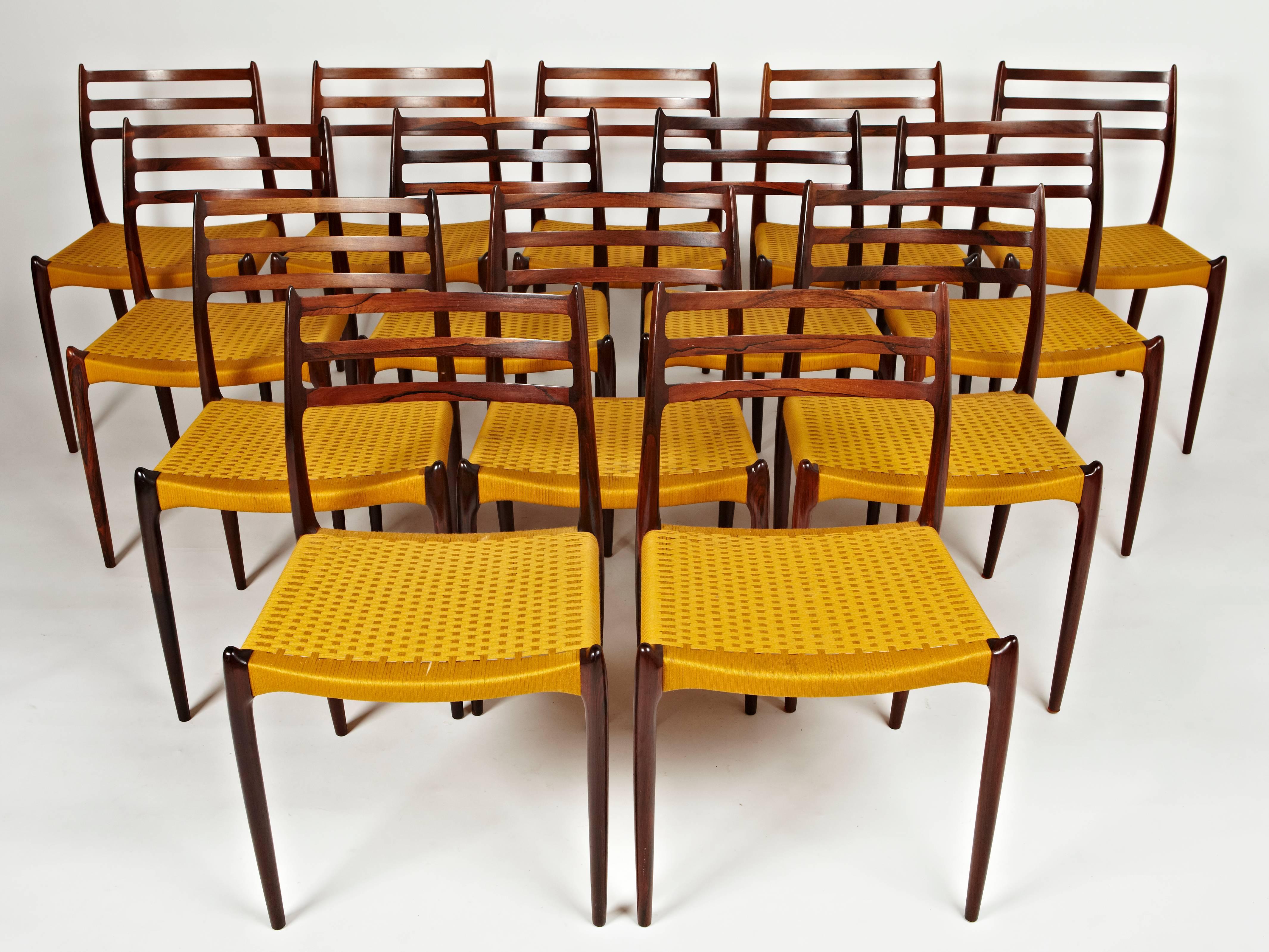 Scandinavian Modern Niels Otto Møller, Group of 16 Rosewood Dining Chairs in Original Yellow Cord For Sale