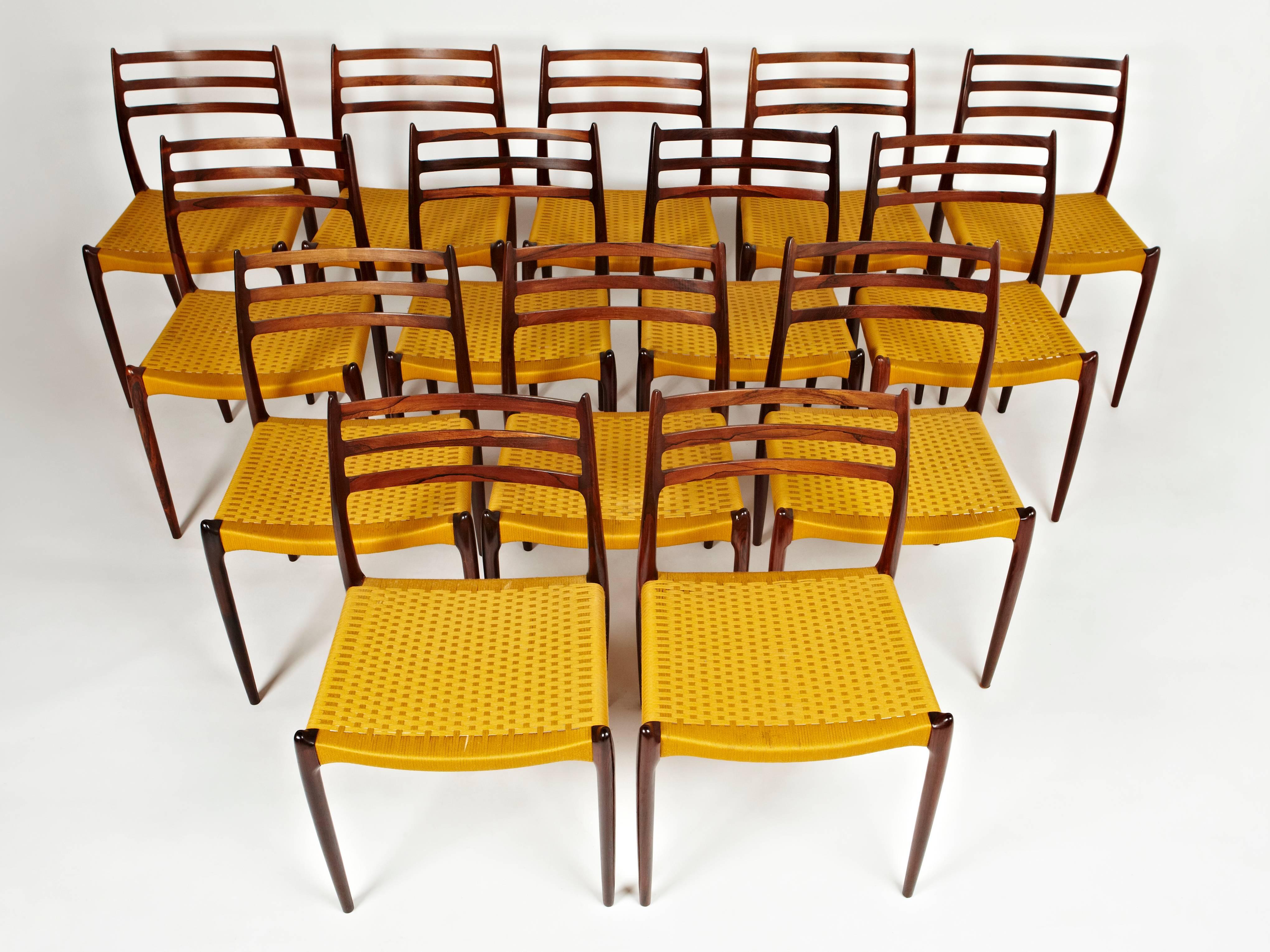 Danish Niels Otto Møller, Group of 16 Rosewood Dining Chairs in Original Yellow Cord For Sale