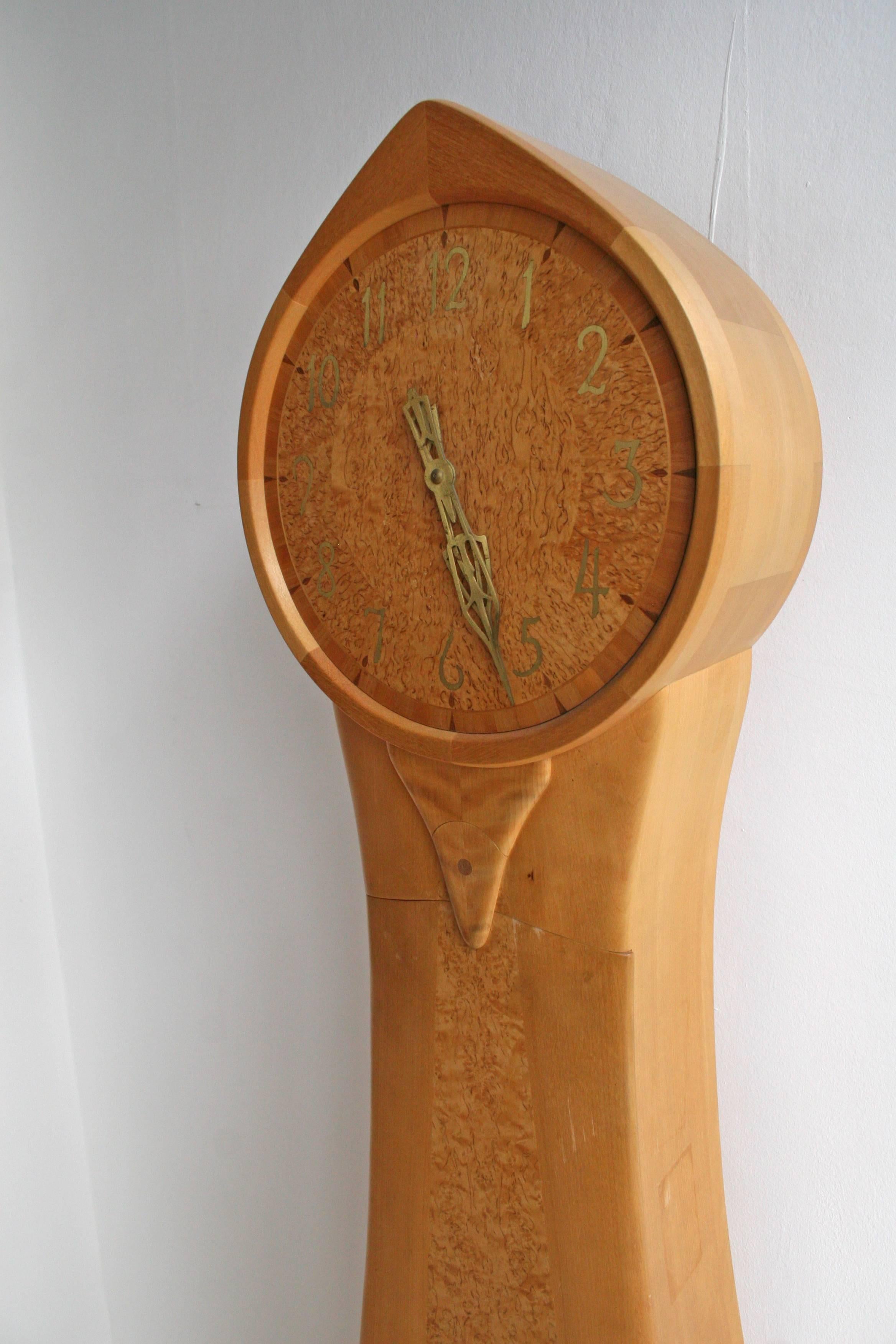 Scandinavian Modern Carl Malmsten Longcase Clock of Birch and Burl Wood For Sale
