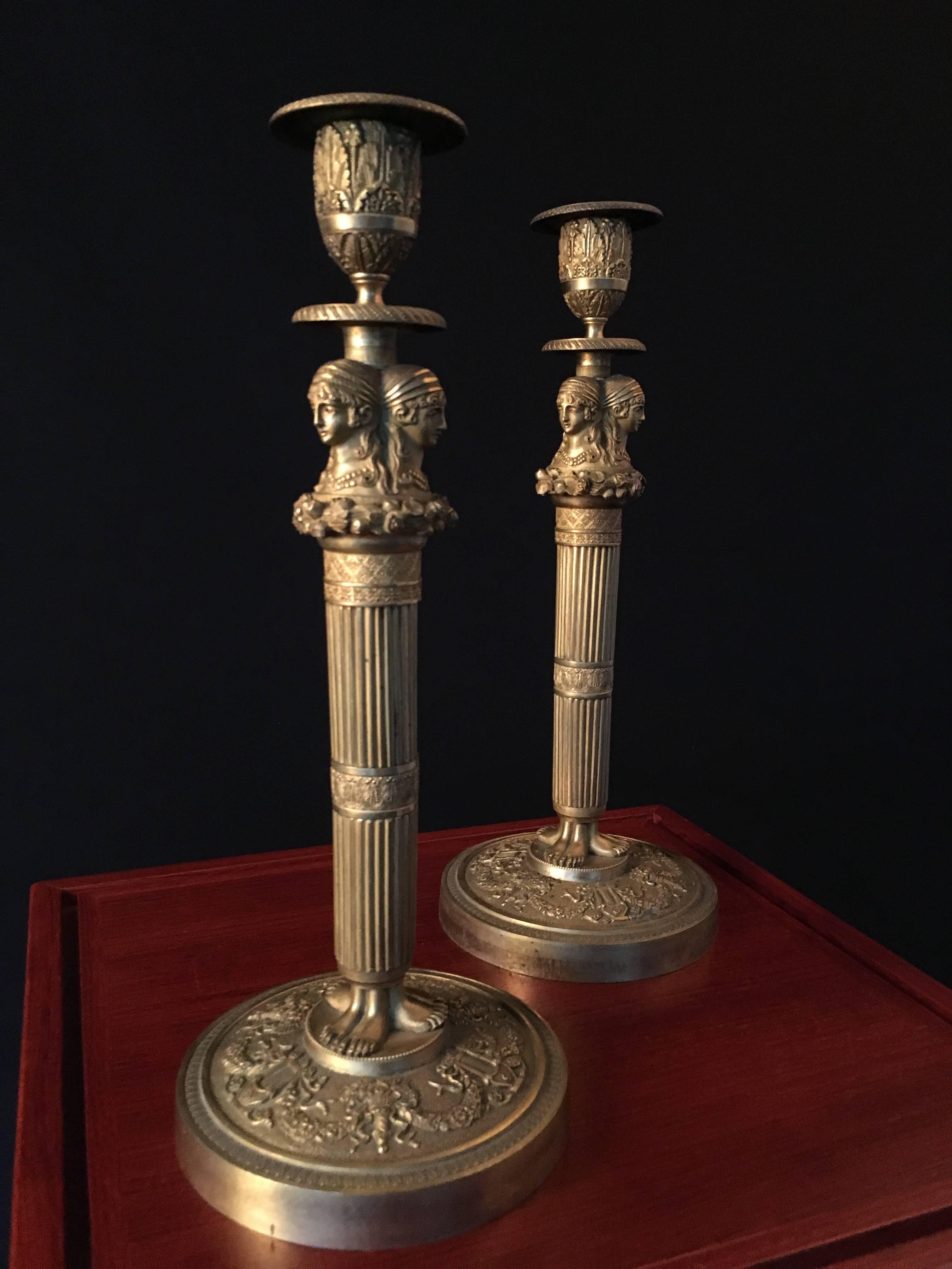 French Pair of Gilded and Sculpted Bronze Candlesticks For Sale