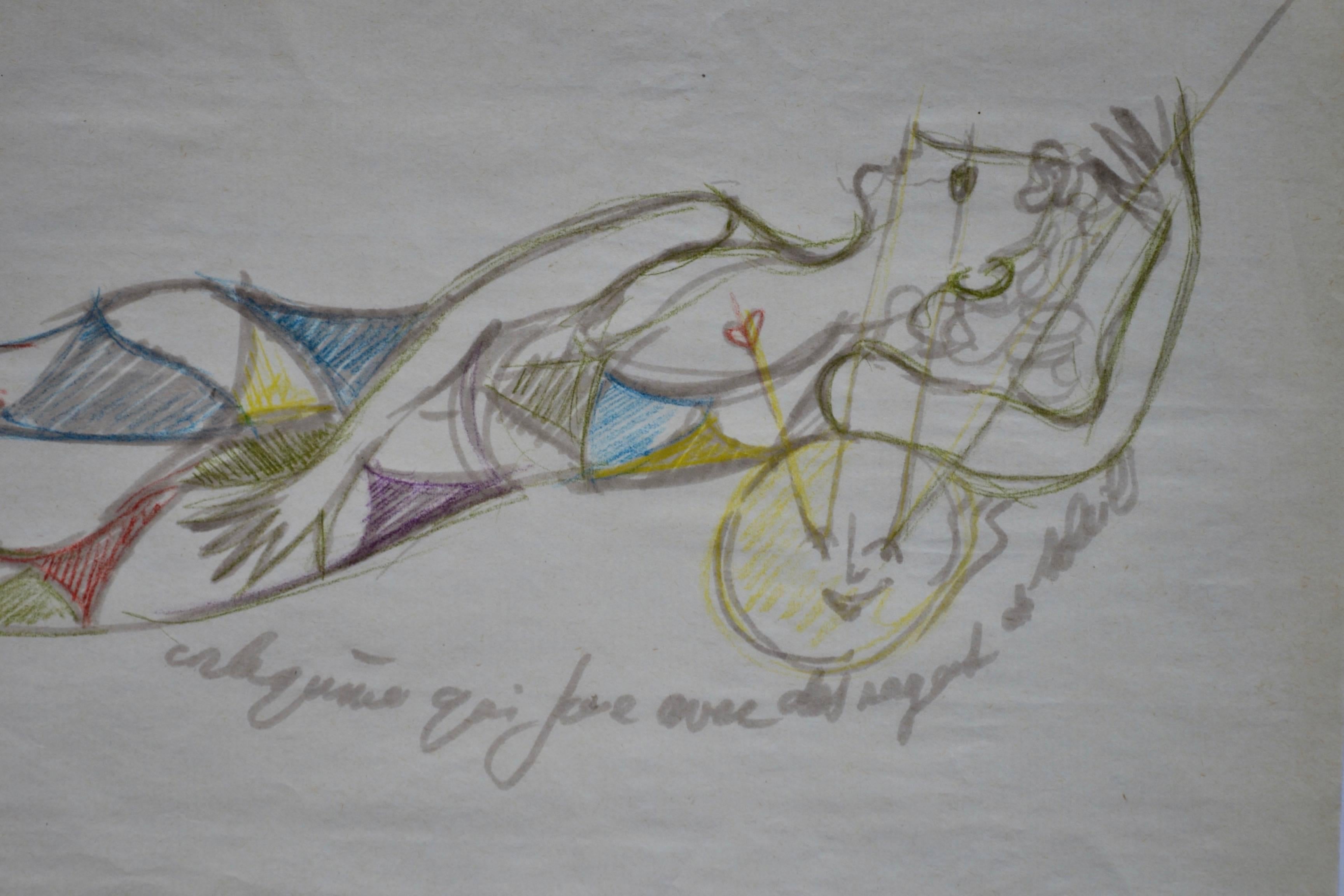 Very rare opportunity to purchase an original Gio Ponti drawing. Costume design.

Arlecchina,

Italia 1958, signed
Medium pencil, color and pen on paper 

Drawing size: 21cm X 29.5 cm 8.25