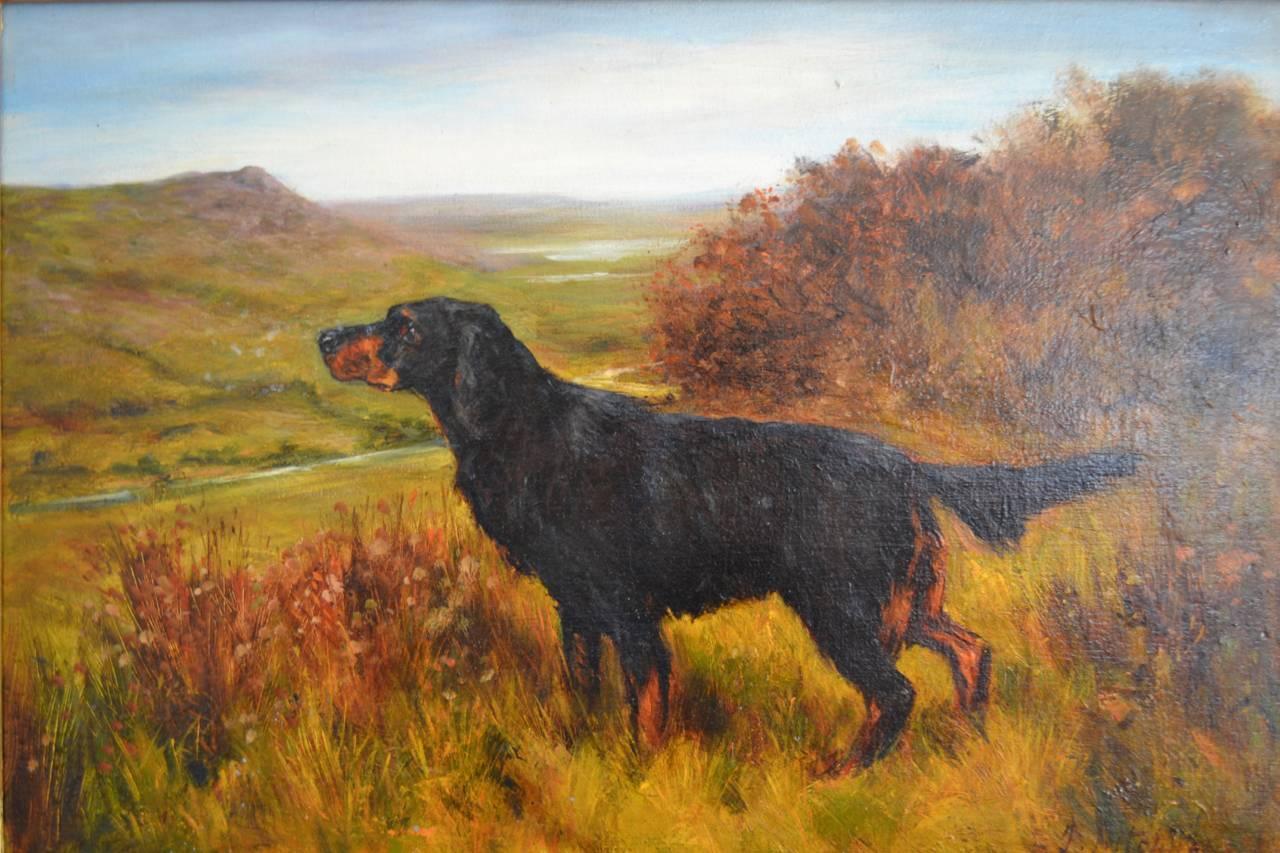 A pair of good oil paintings on canvas portraying an Irish setter and a Gordon setter in Autumn sunshine on a moor.

Good condition commensurate with age in gold wood frames.

John E Sutcliffe active 1883-1894 died in 1923. Exhibited at the