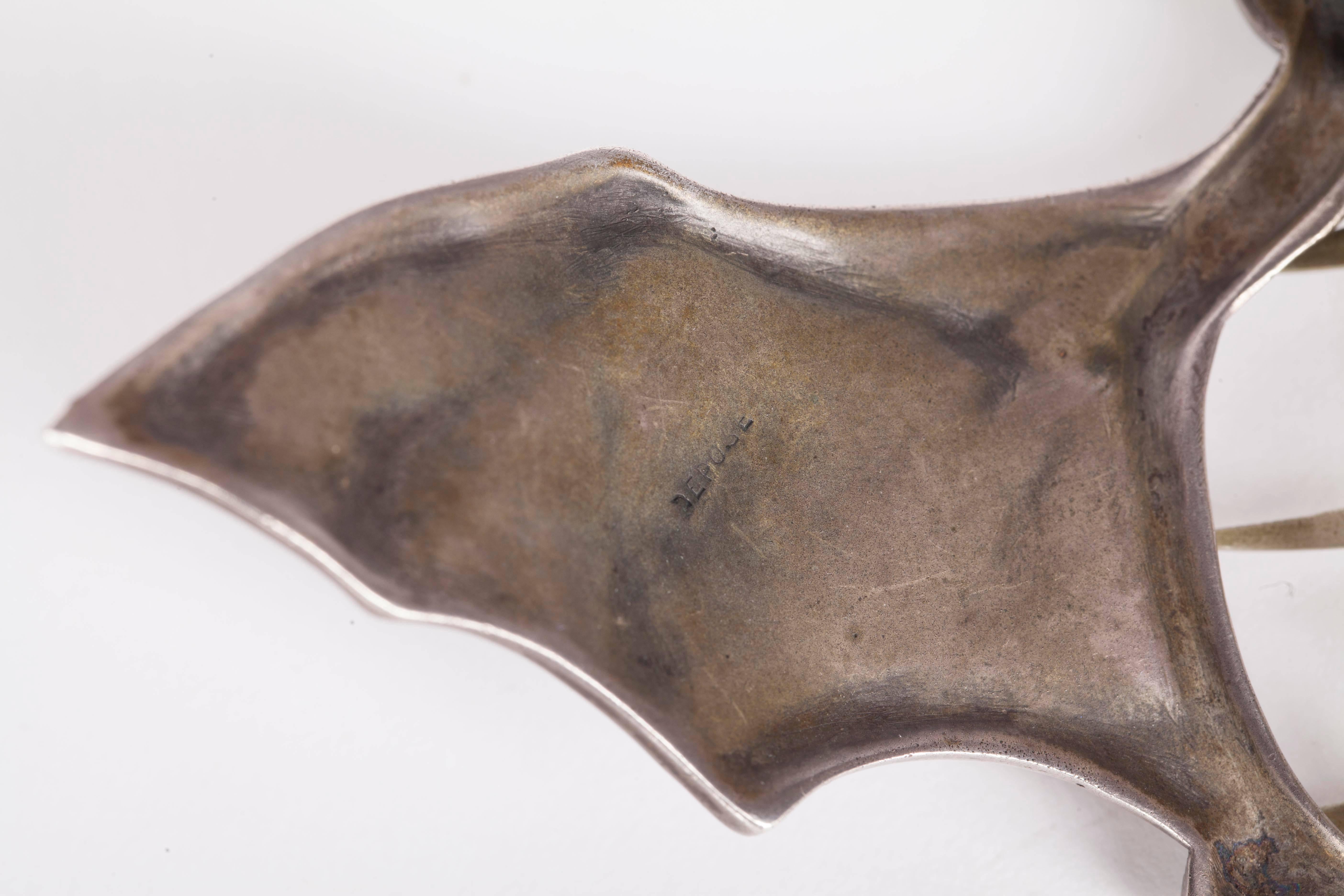 French Silver Art Nouveau Buckle in the Form of a Bat by Ferdinand Erhart, 1908 For Sale