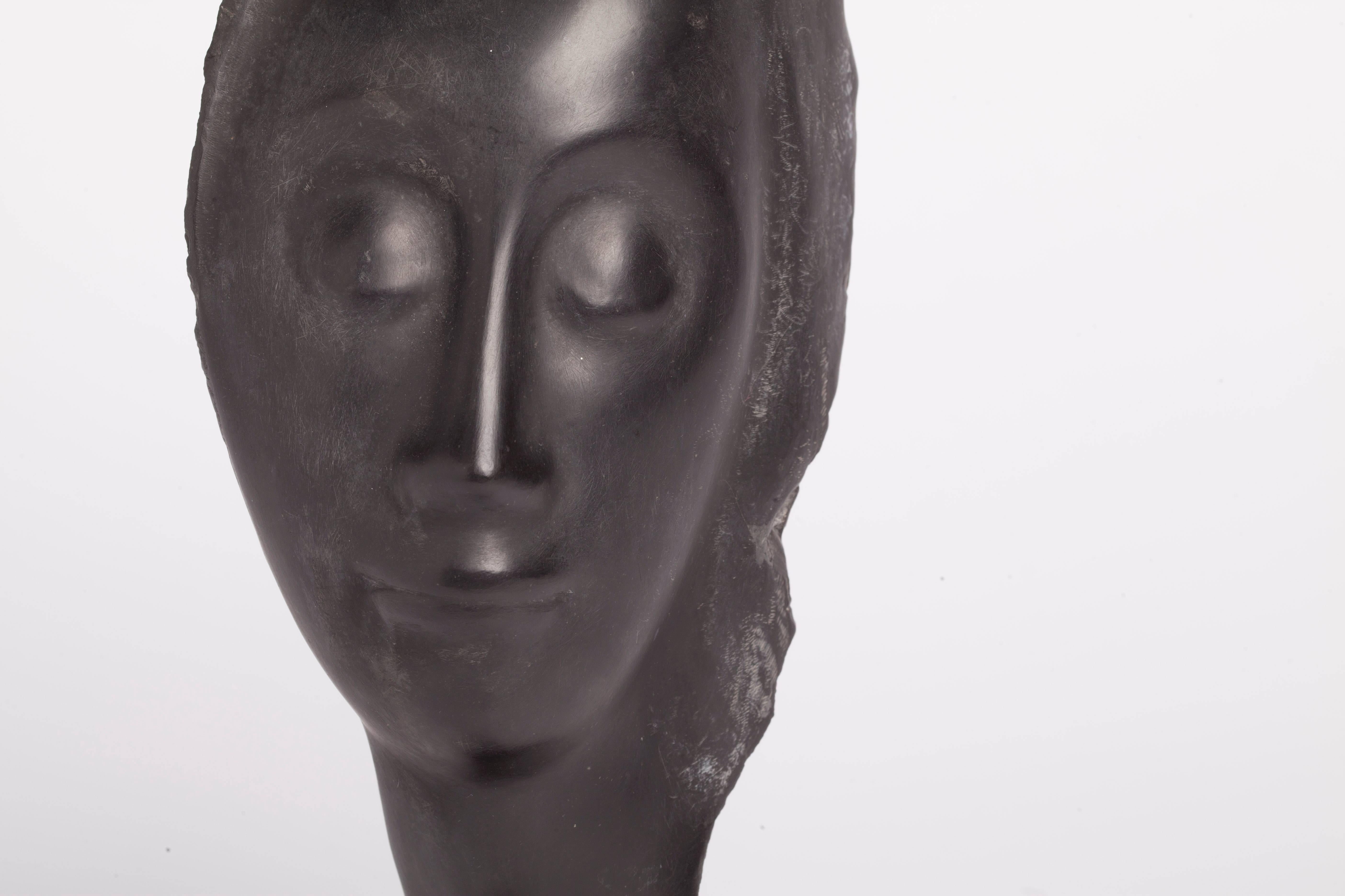 Dutch Jules 'J.S.' Vermeire, Art Deco Hard Stone Female Head on Mahogany Pedestal For Sale