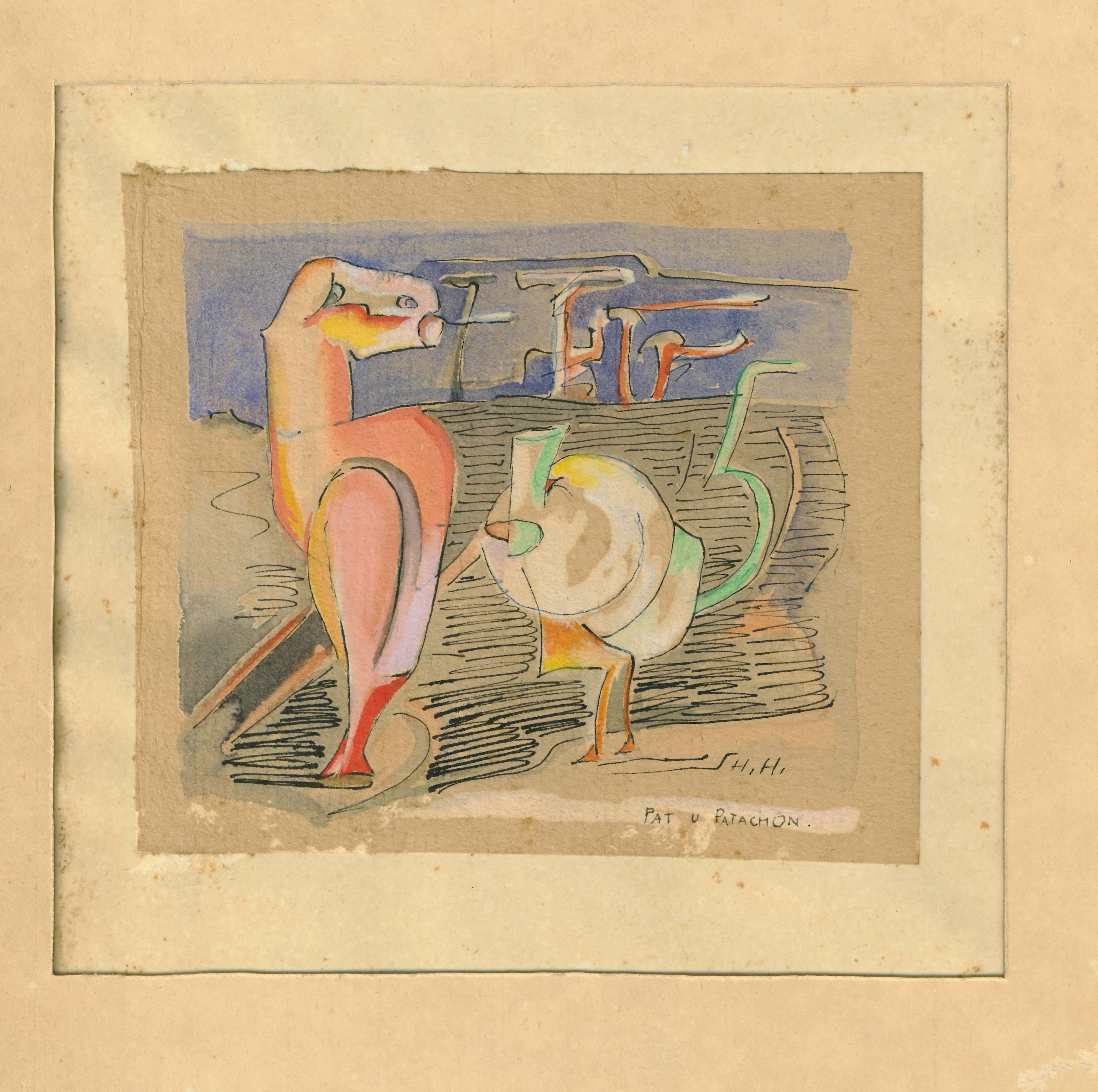 Modern Hannah Höch, 'Pat u Patachon', Watercolor with Ink on Paper, 1920s For Sale