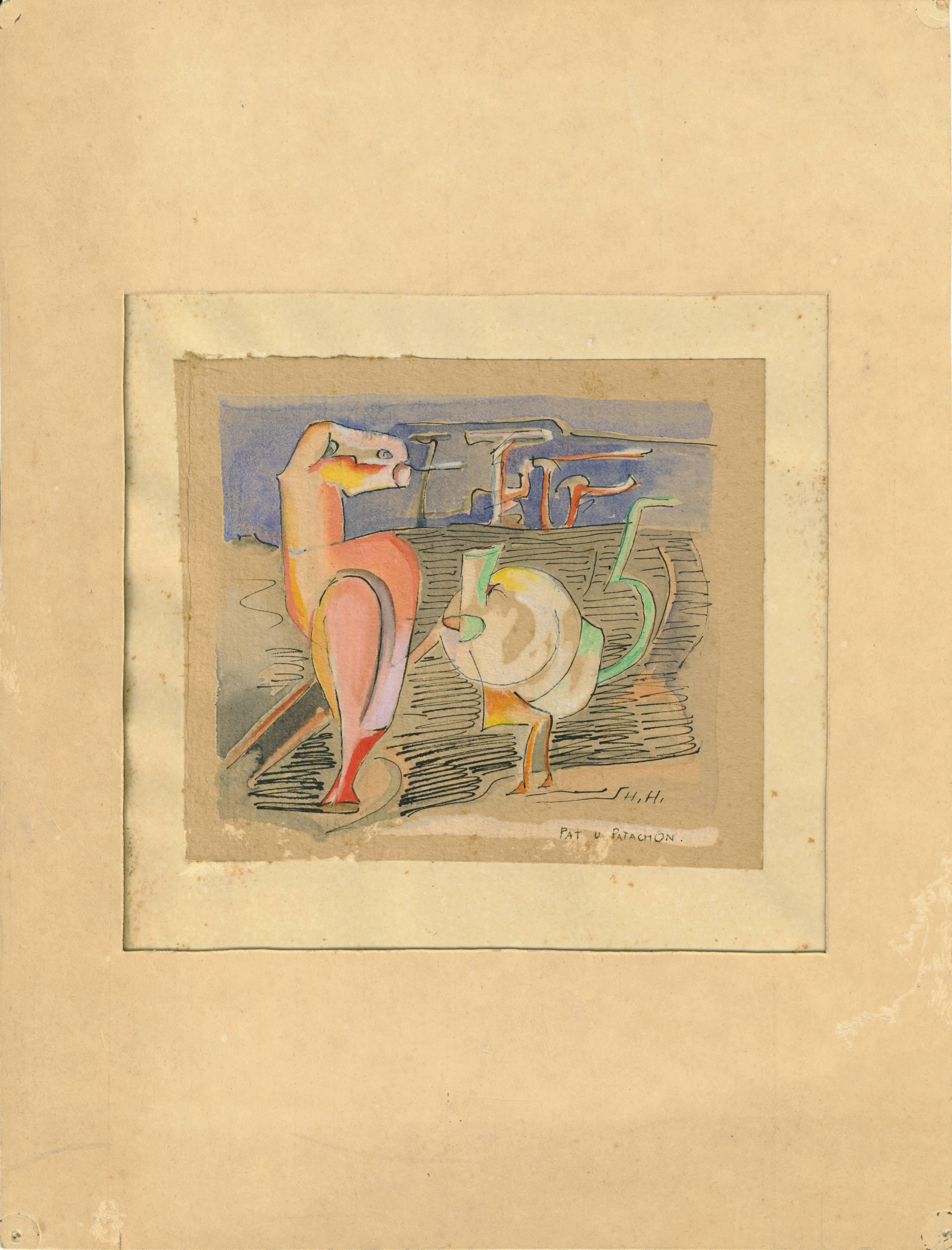 Hannah Höch (Gotha 1889 - Berlin 1978), watercolor with ink on paper, titled 'Pat u Patachon', 1920s signed 'H.H.'. Measures: 11.5 x 10.2 cm.

This wonderful watercolor was painted by Dada artist Hannah Höch. The title refers to the Danish comical