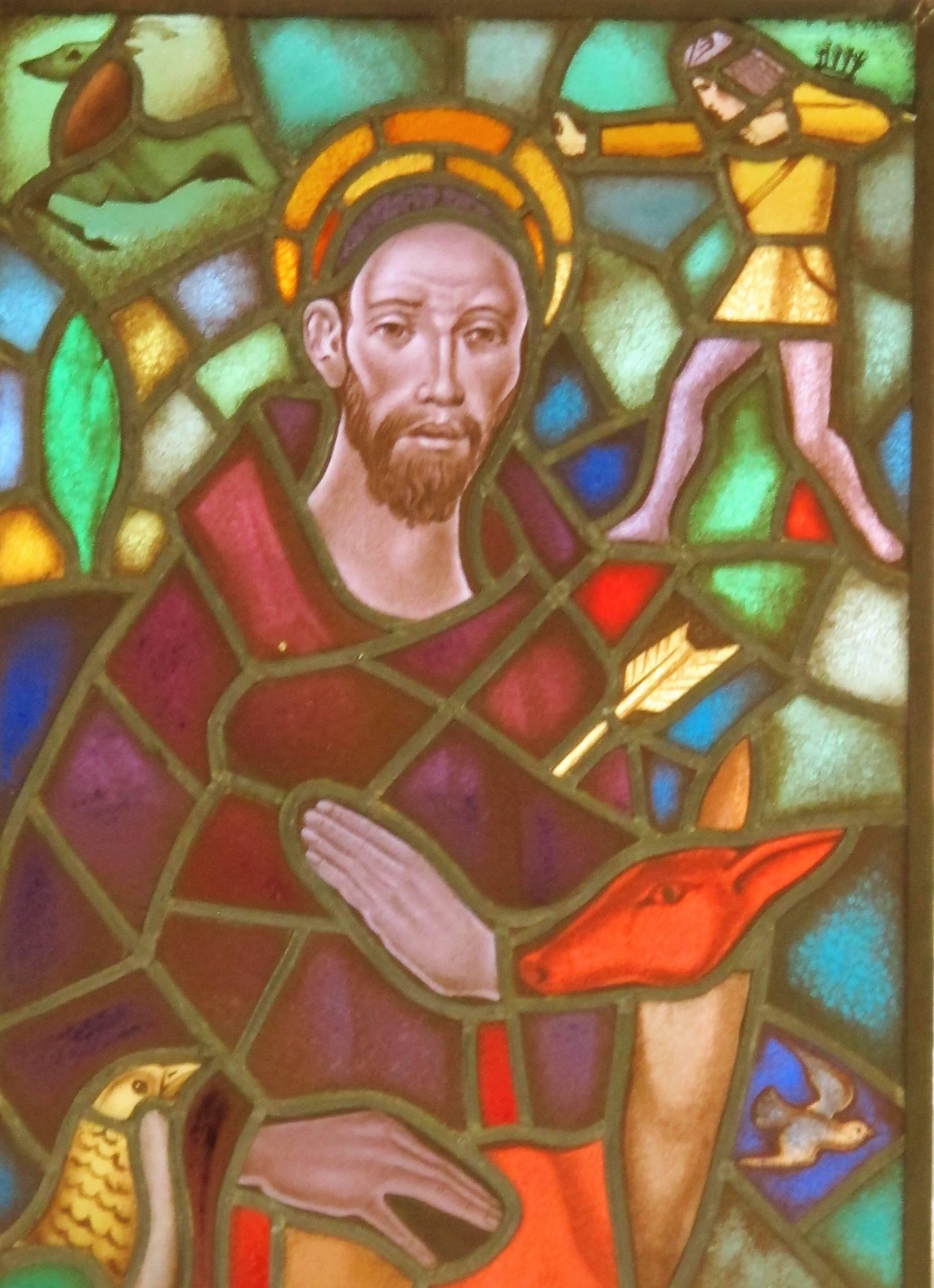 Beautiful coloured stained glass panel depicting St. Hubertus. Designed by Henri van der Stok (1870-1946) en manufactured by Hans Liefkes (1891-1967) at Atelier Liefkes, Den Haag.

.