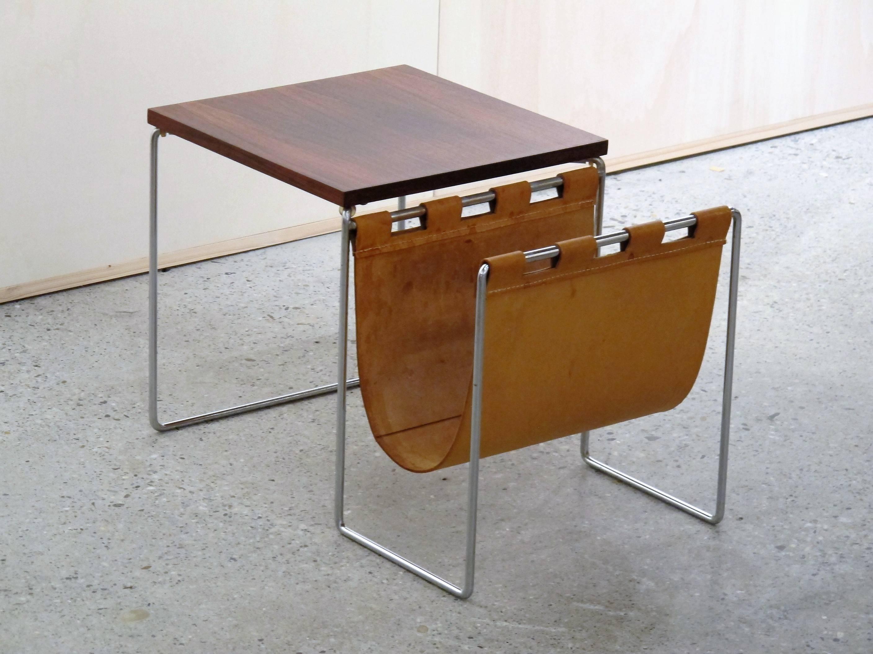 European Rosewood Nesting Tables with Leather Magazine Rack