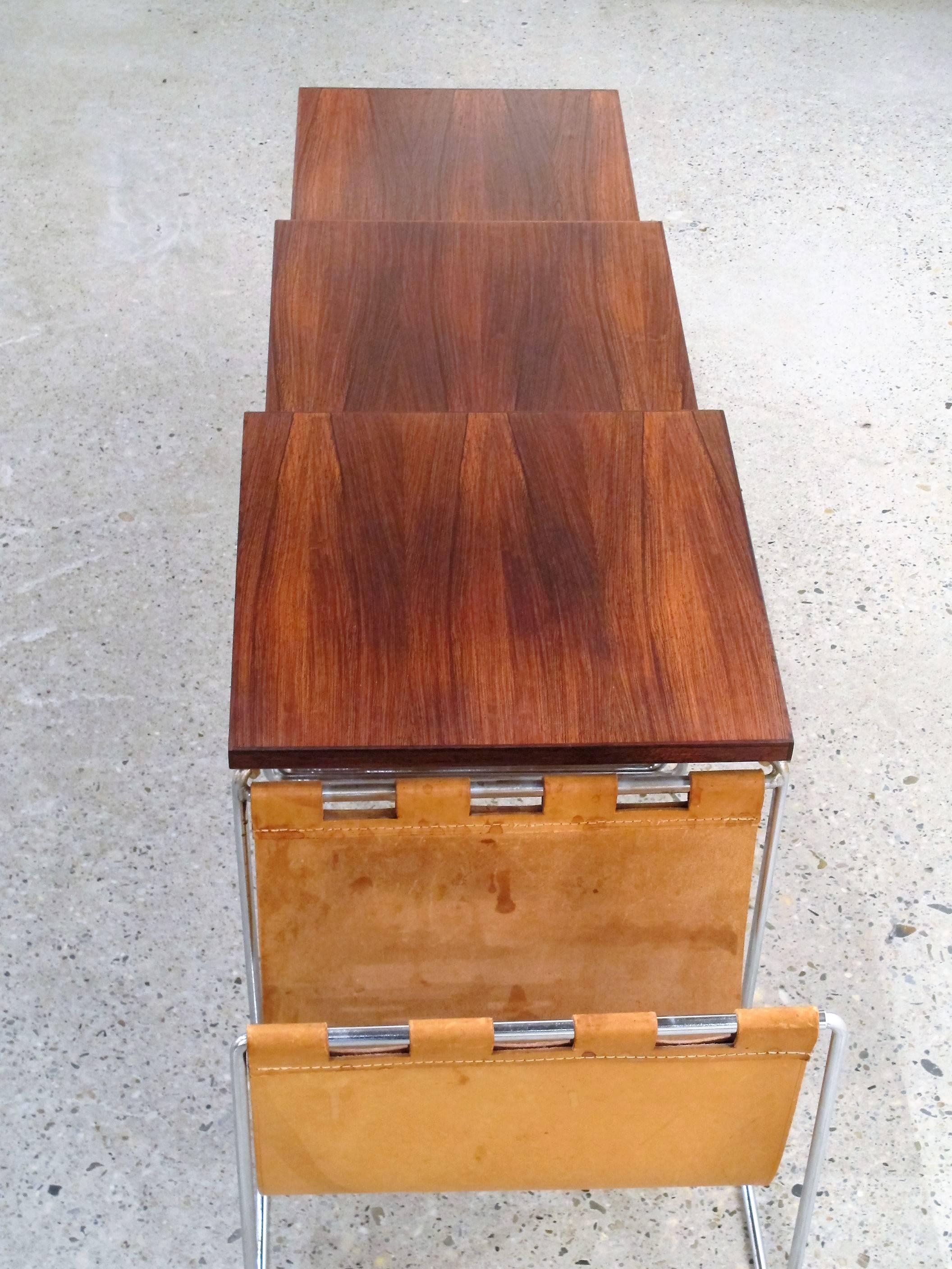 Mid-Century Modern Rosewood Nesting Tables with Leather Magazine Rack