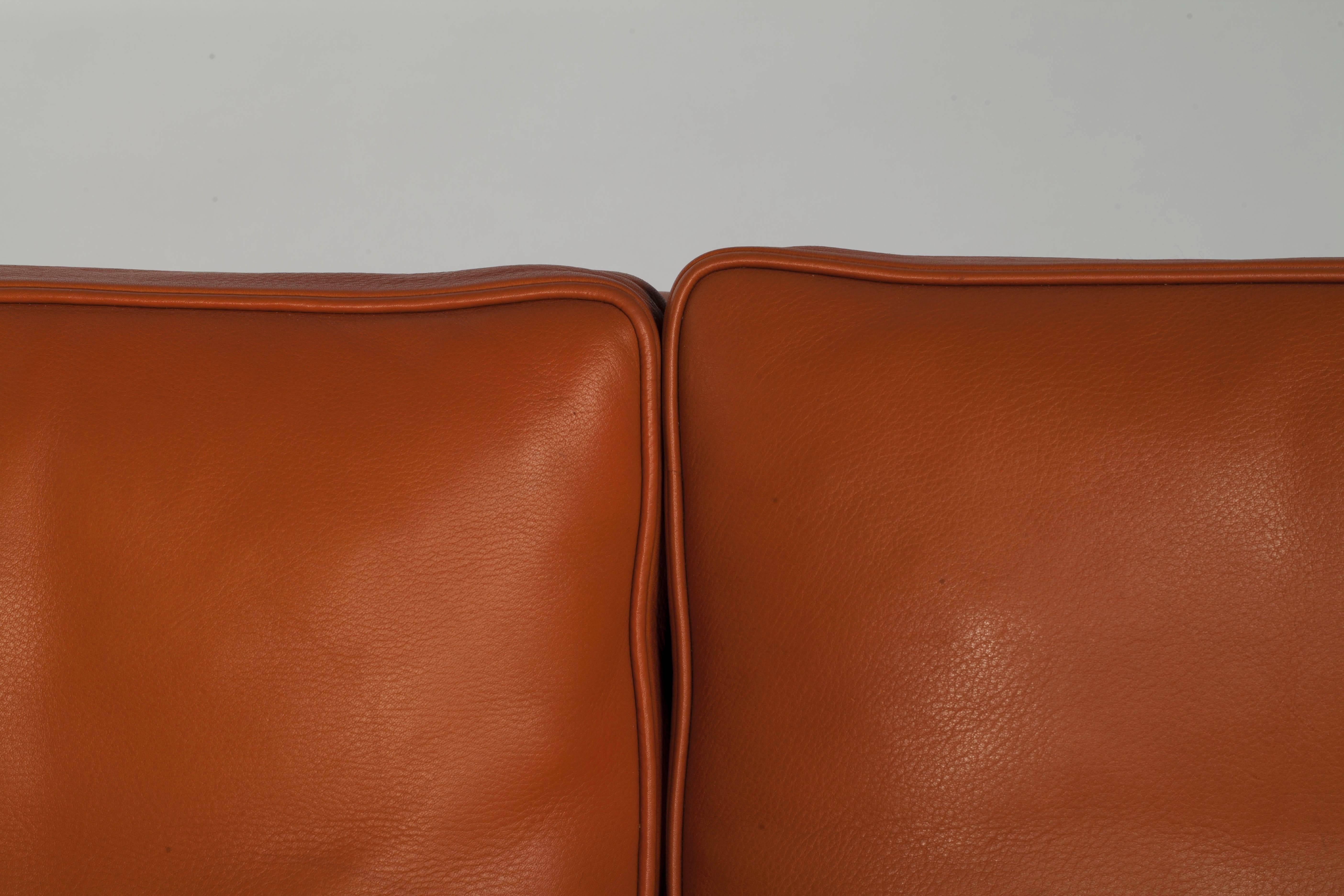 Scandinavian Modern Børge Mogensen, Orange Leather Two-Seat Sofa, 1960s For Sale