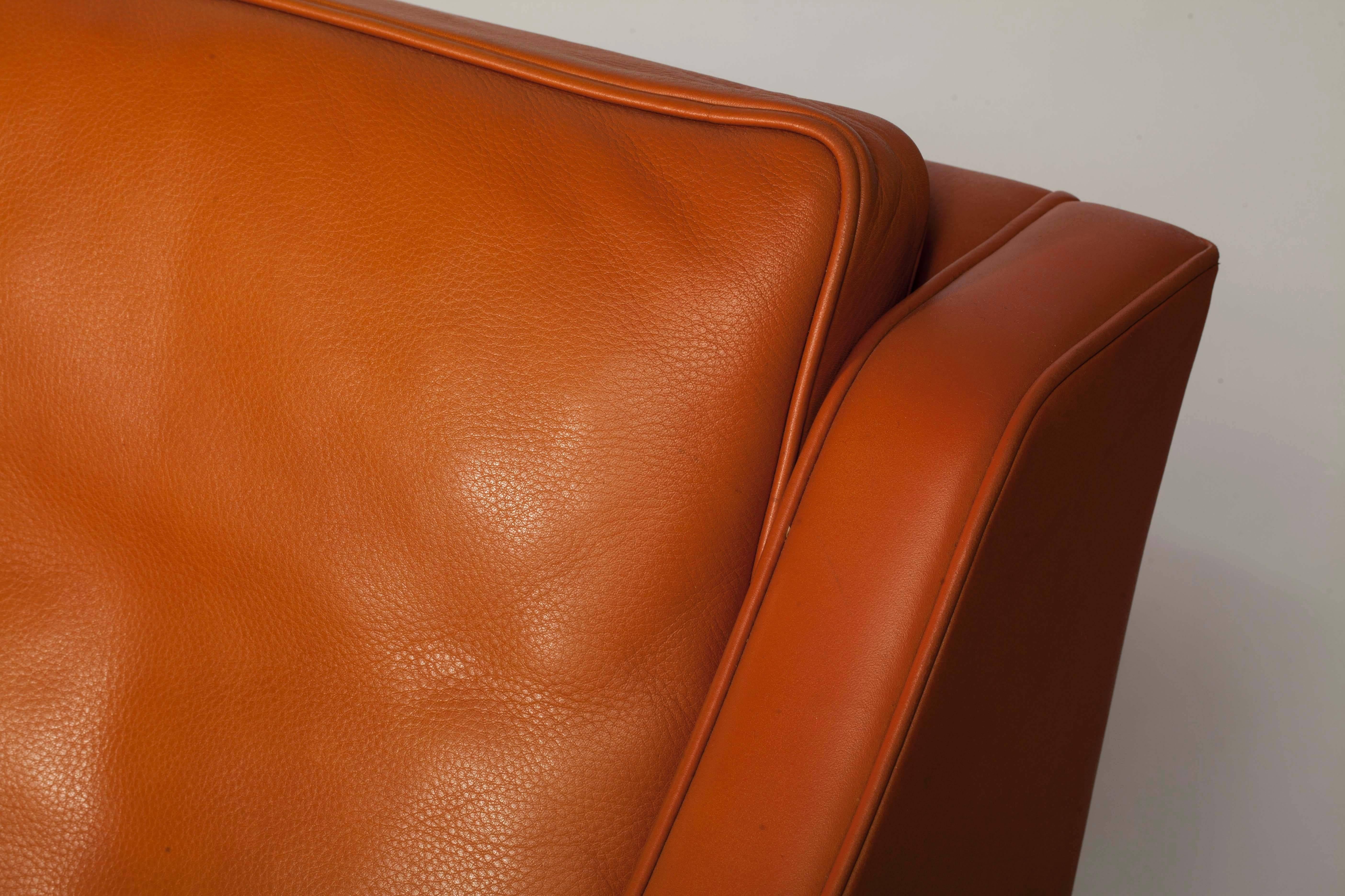 Danish Børge Mogensen, Orange Leather Two-Seat Sofa, 1960s For Sale