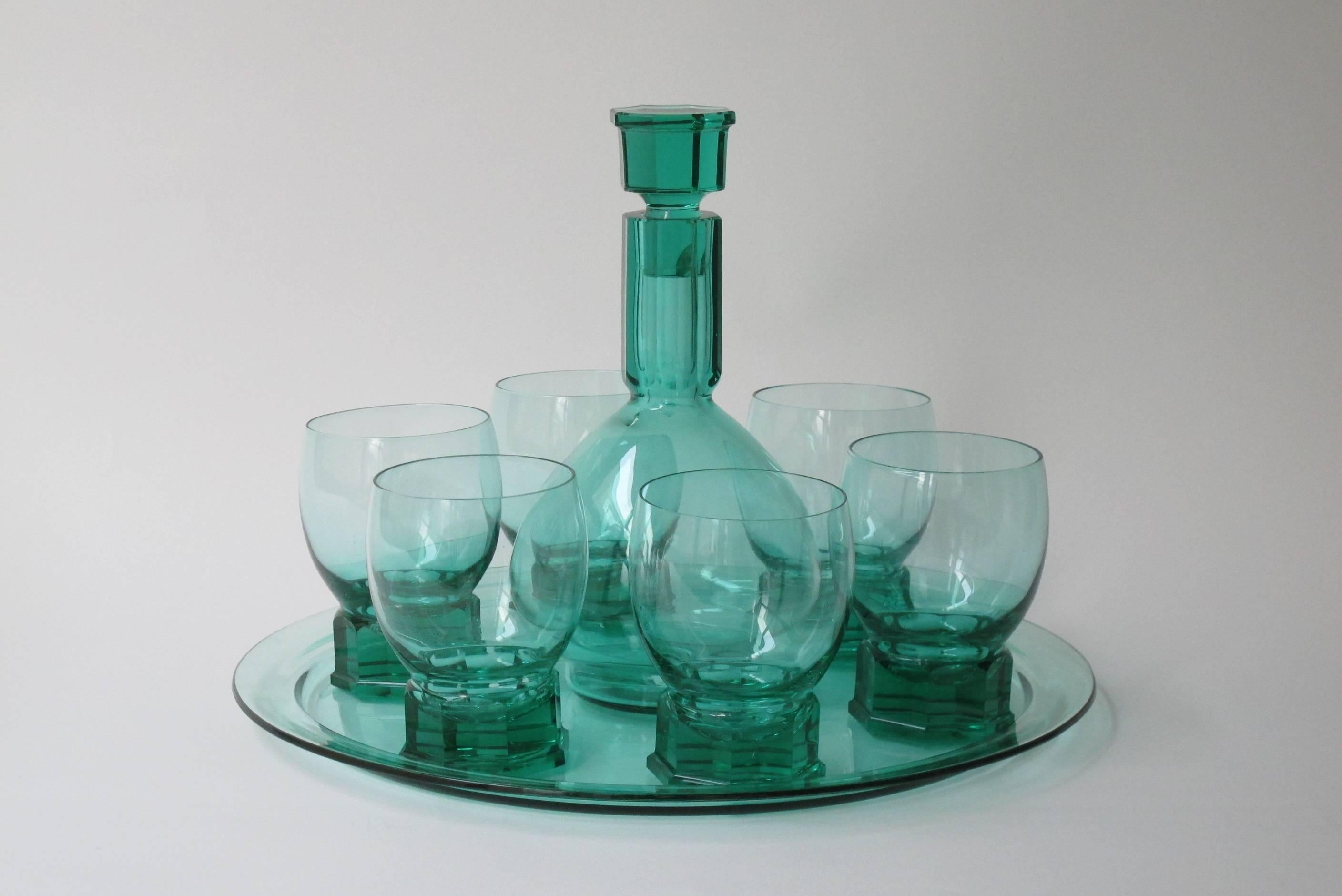 A.D. Copier, Sea-Green Whisky Carafe Set, Glasfabriek Leerdam, 1927 For Sale 1