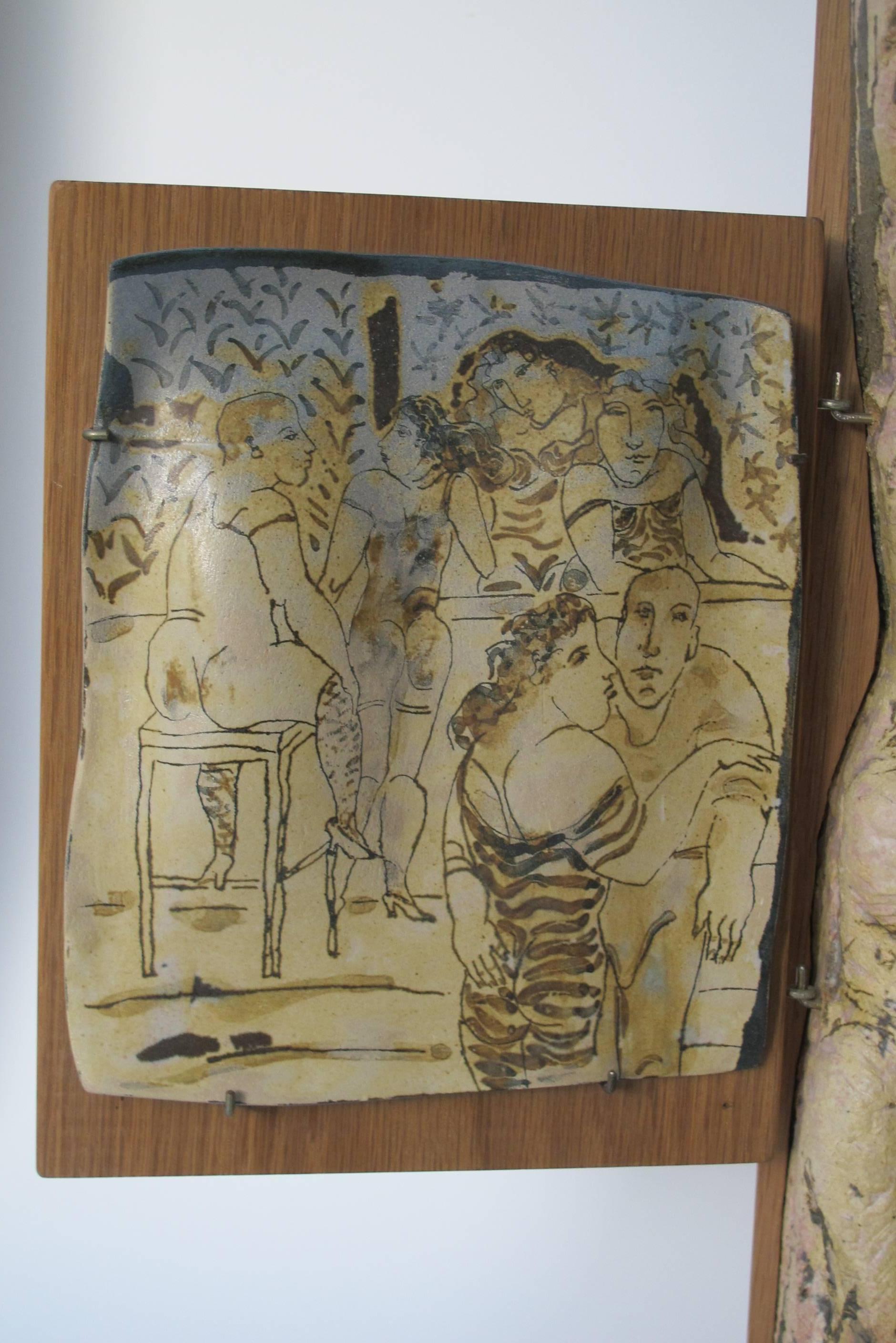 Dutch Lies Cosijn, Stoneware Triptych on Wooden Boards, 1997 For Sale