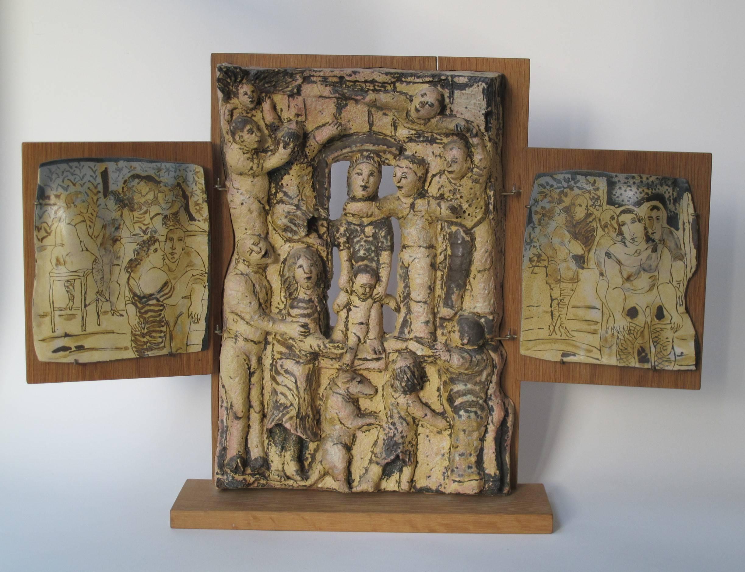 Lies Cosijn, Stoneware Triptych on Wooden Boards, 1997 For Sale 2