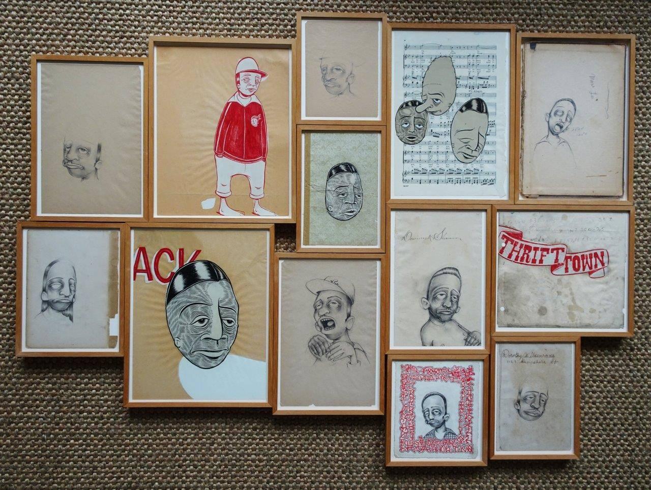 Barry McGee (1966, San Francisco), untitled, 1997. Drawing installation of 13 small drawings in pencil, ink, gouache and felt-tip pen on paper.
Each drawing: Approximately 20 x 15 cm, total size 100 x 190 cm. Images of all the 13 artworks in the