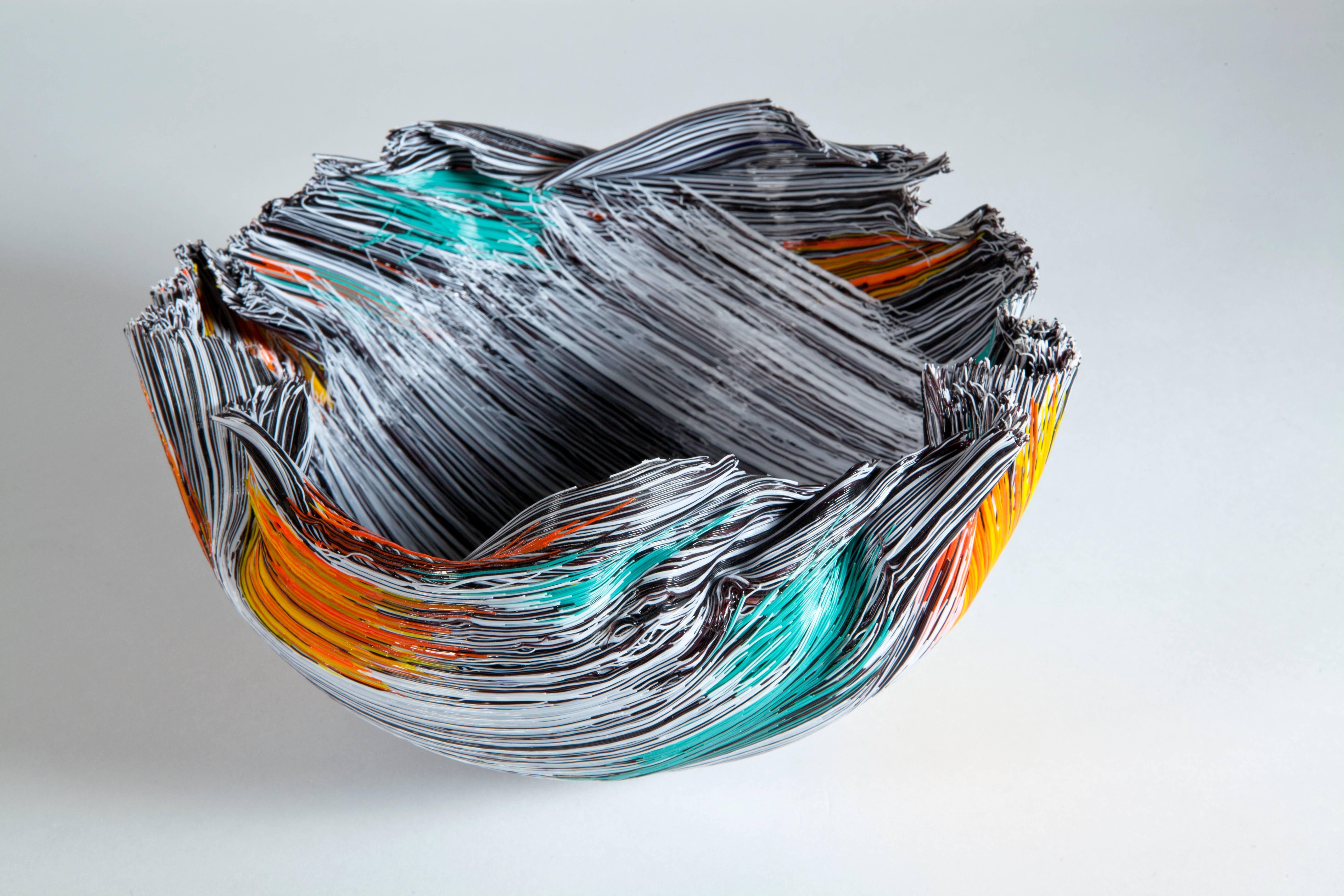 Unique glass bowl by Toots Zynsky. Filet-de-verre fused and thermo formed colored glass. Signed 'Z' with a glass thread.

This glass sculpture is one of the first pieces Zynsky made with her distinctive 'filet-de-verre' technique. This bowl is made