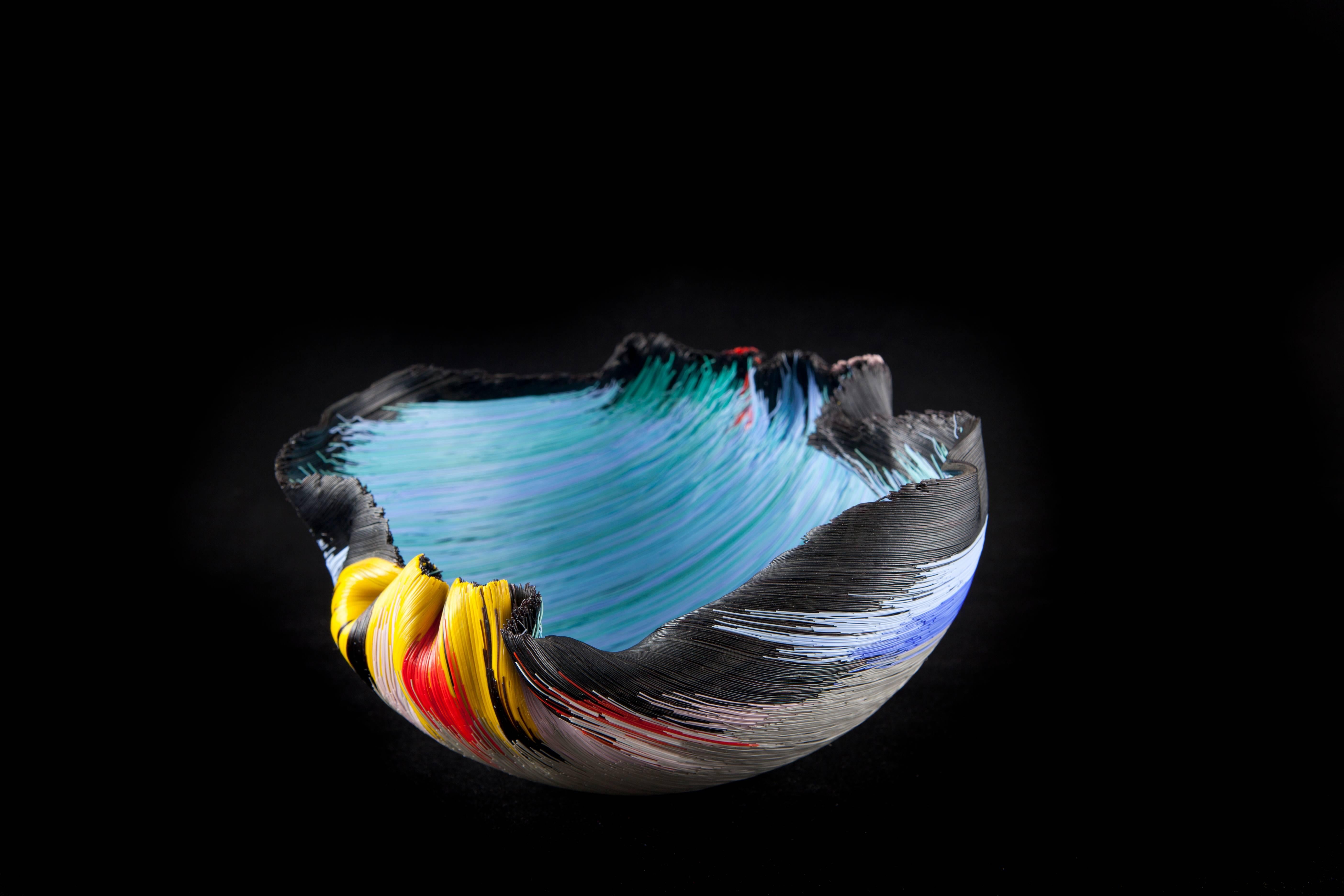 Unique glass bowl by Toots Zynsky. Filet-de-Verre fused and thermo formed colored glass. Signed 'Z' with a glass thread.

For this glass sculpture Zynsky has used her distinctive 'filet-de-verre' technique. This bowl is made by layering thousands