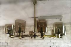 Ten-Light Mid-Century Design Brass and Smoked Glass Chandelier