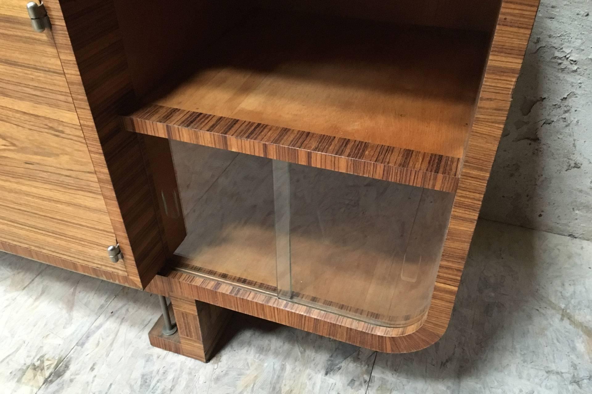 German Architectural Shaped Zebrano Veneered Art Deco Sideboard with Polished Metal For Sale