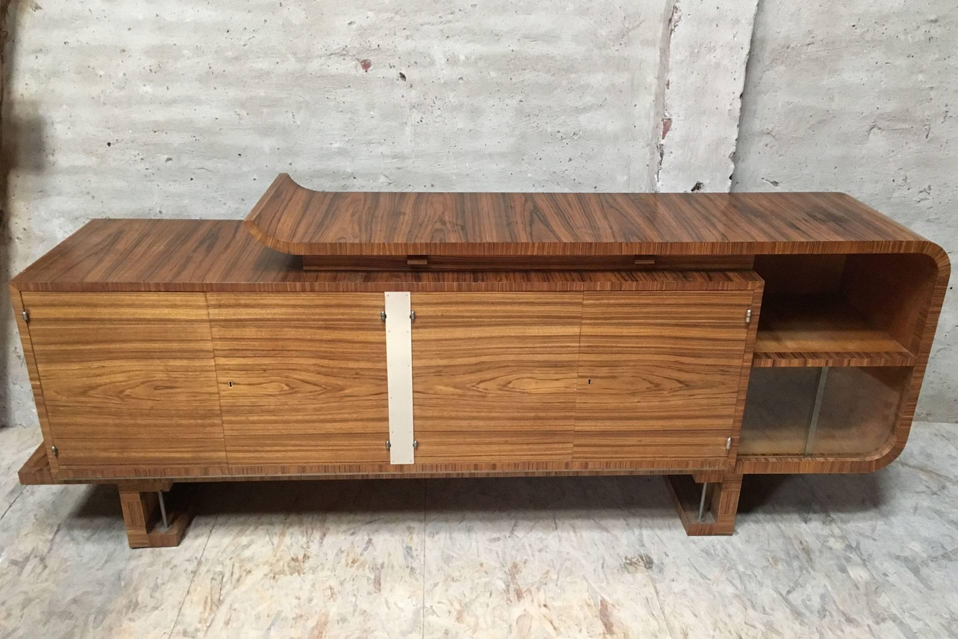 Early 20th Century Architectural Shaped Zebrano Veneered Art Deco Sideboard with Polished Metal For Sale