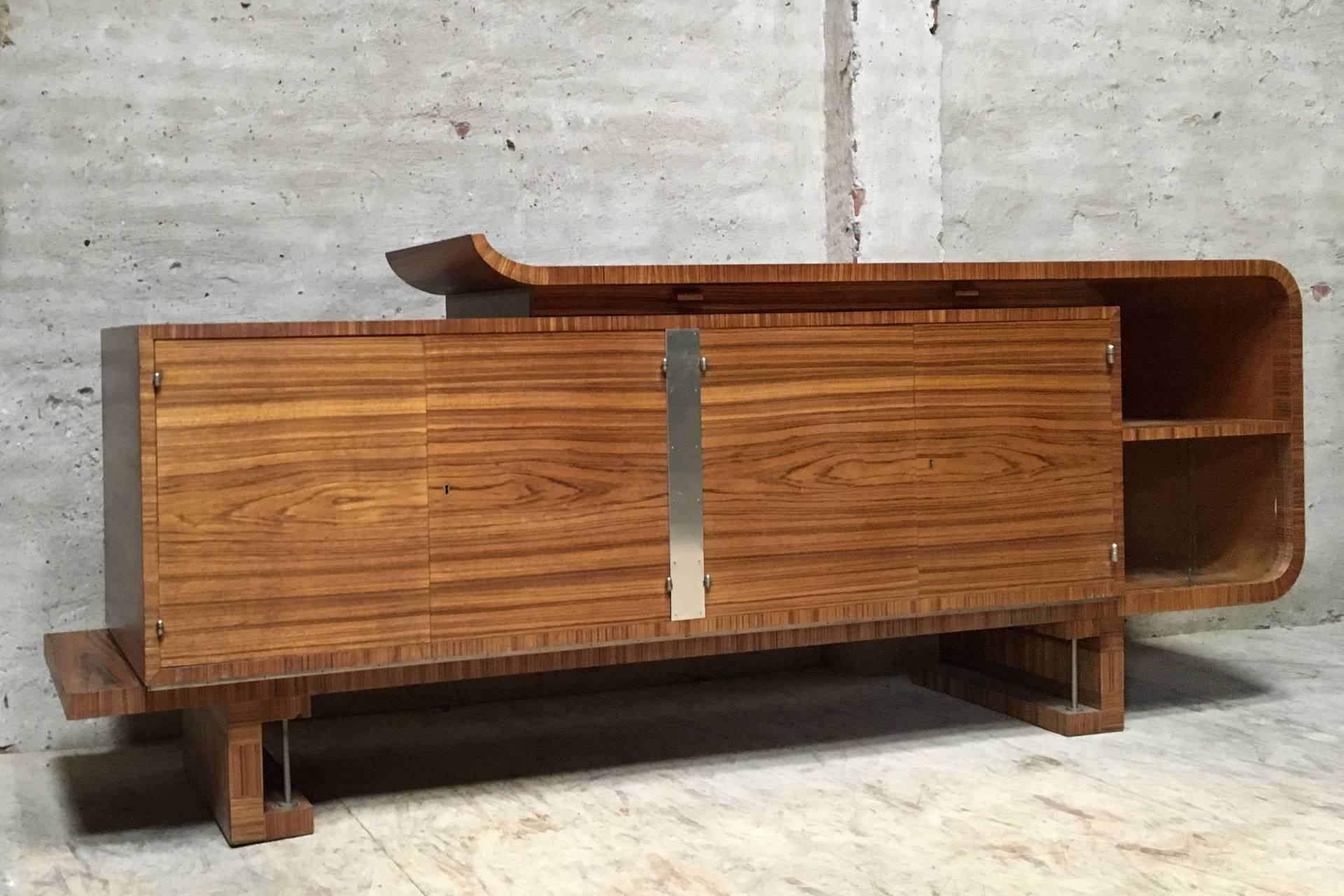 Glass Architectural Shaped Zebrano Veneered Art Deco Sideboard with Polished Metal For Sale
