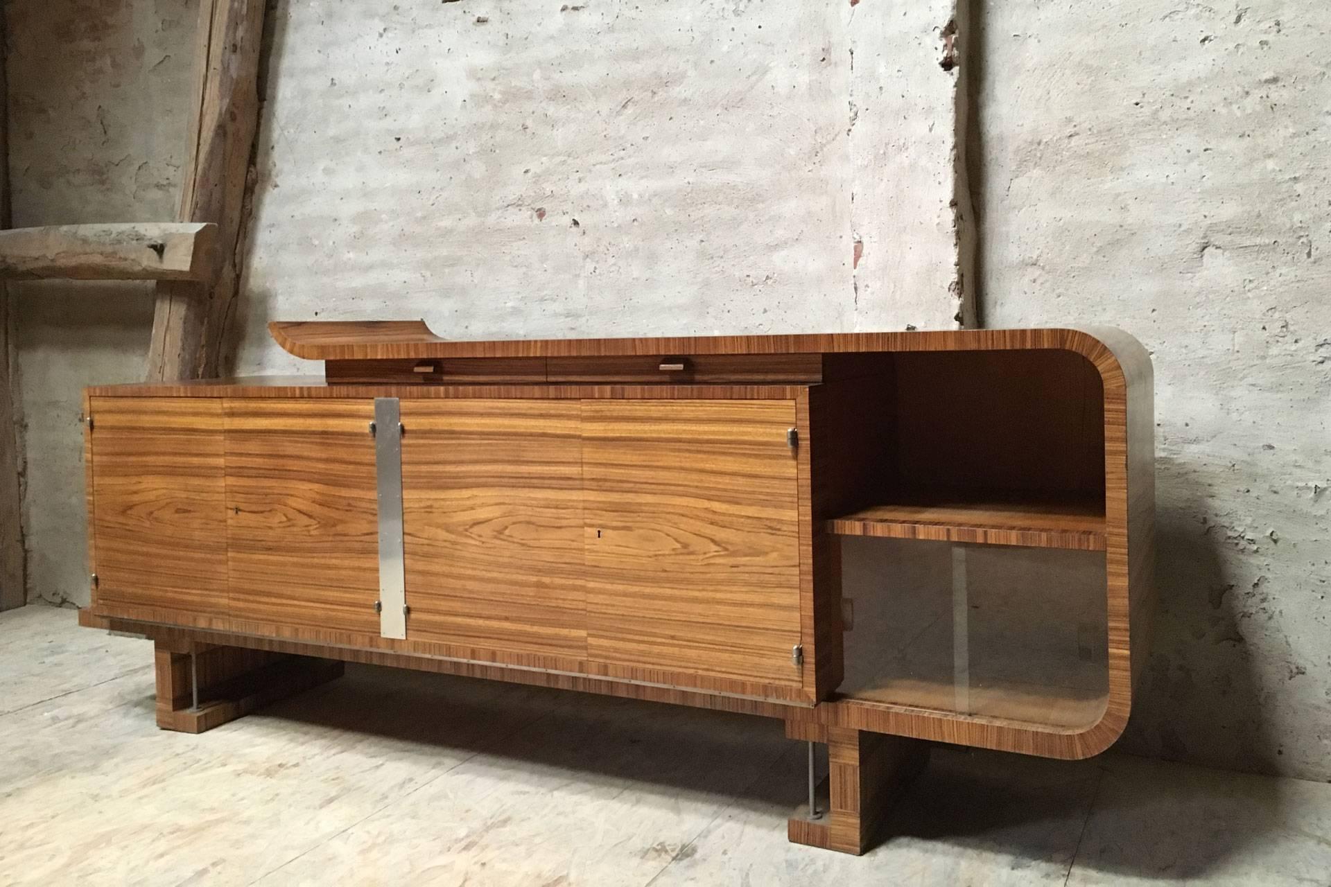 Architectural Shaped Zebrano Veneered Art Deco Sideboard with Polished Metal For Sale 1