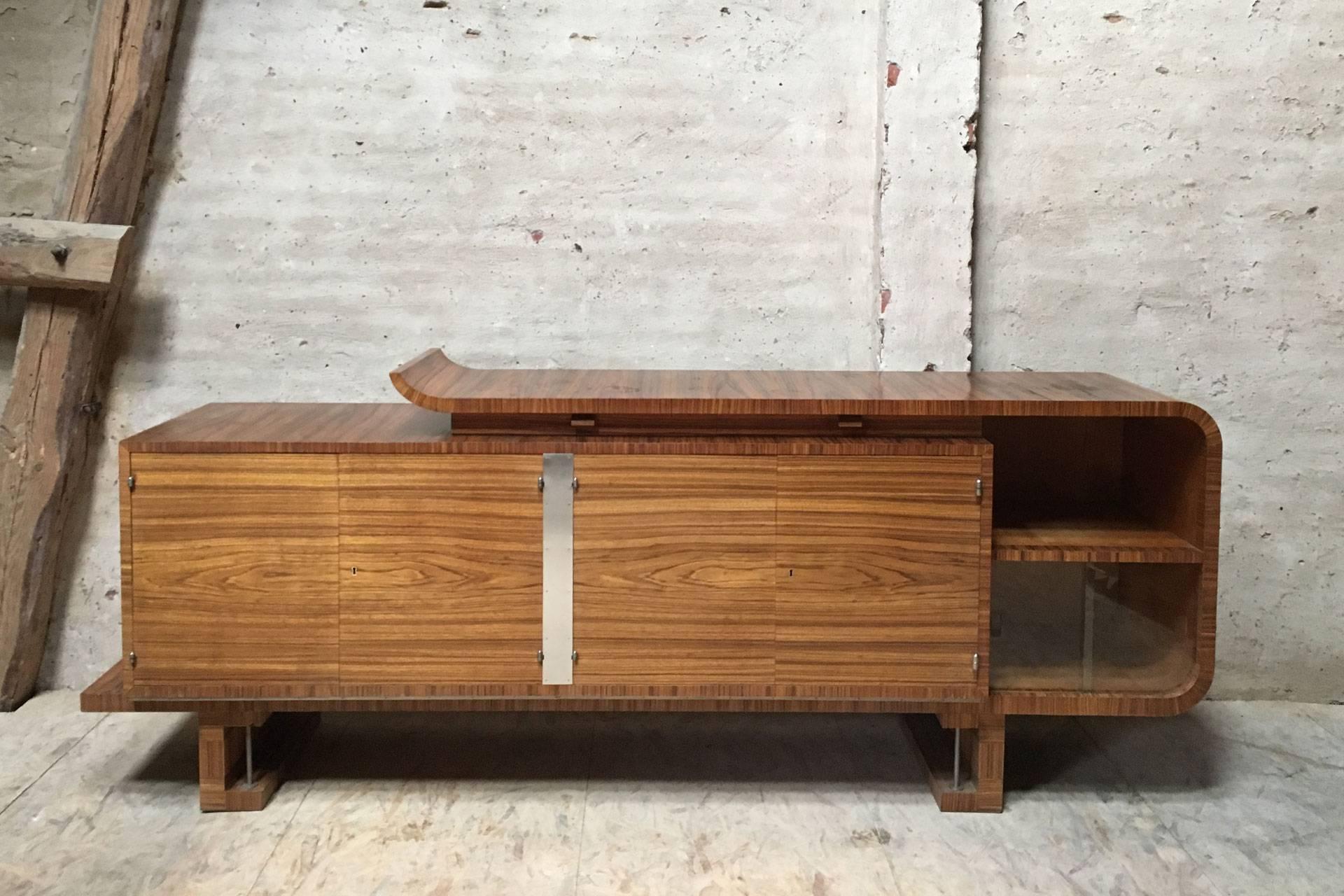 Architectural Shaped Zebrano Veneered Art Deco Sideboard with Polished Metal For Sale 2