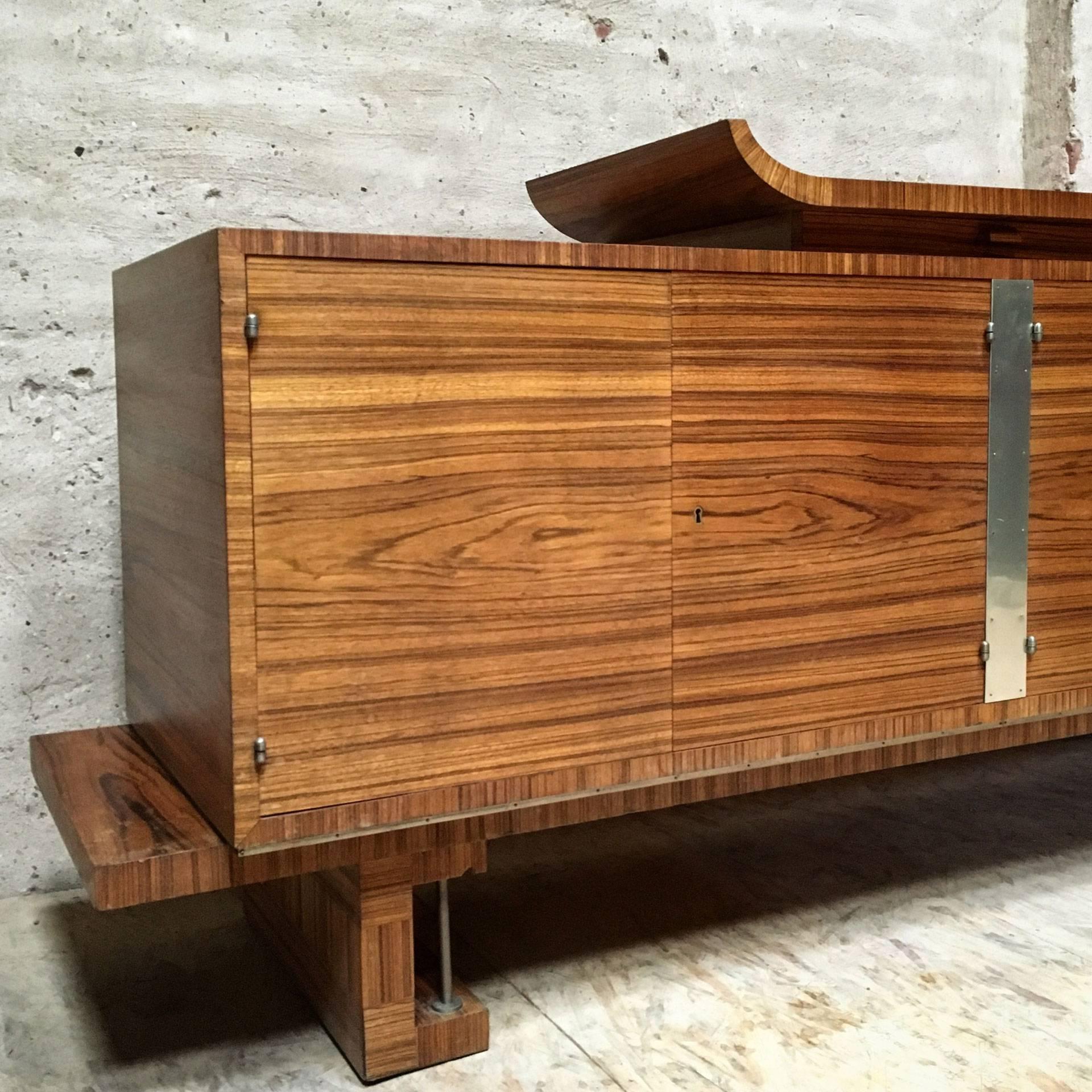 Architectural Shaped Zebrano Veneered Art Deco Sideboard with Polished Metal For Sale 4