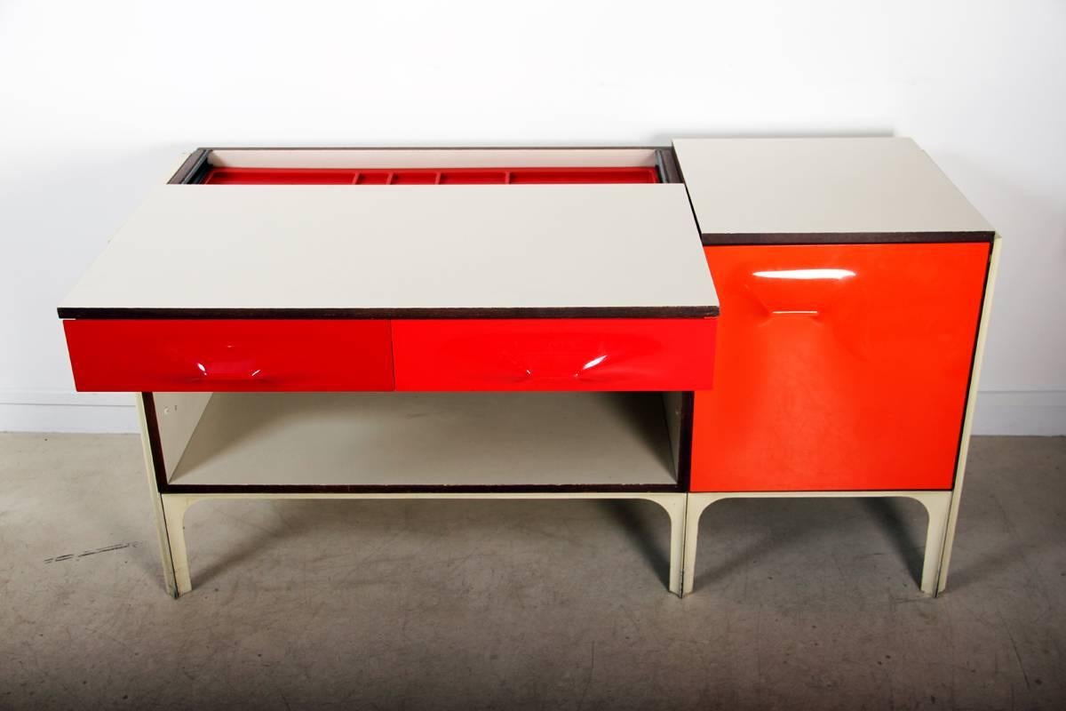 Mid-Century Modern Raymond Loewy Writing Desk DF2000 in Red ABS