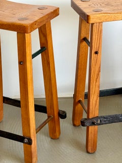Pair of Studio-Made Solid Ash Counter Stools with Wrought Iron Footrests, Signed
