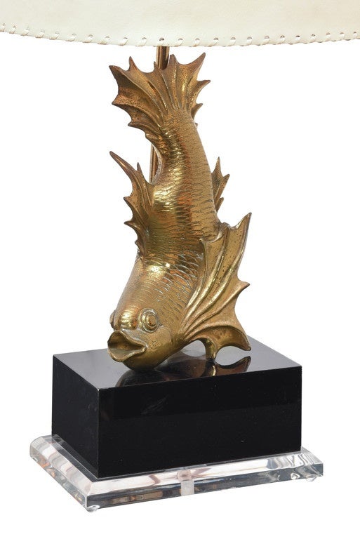 1970s gilt brass fish table lamp.