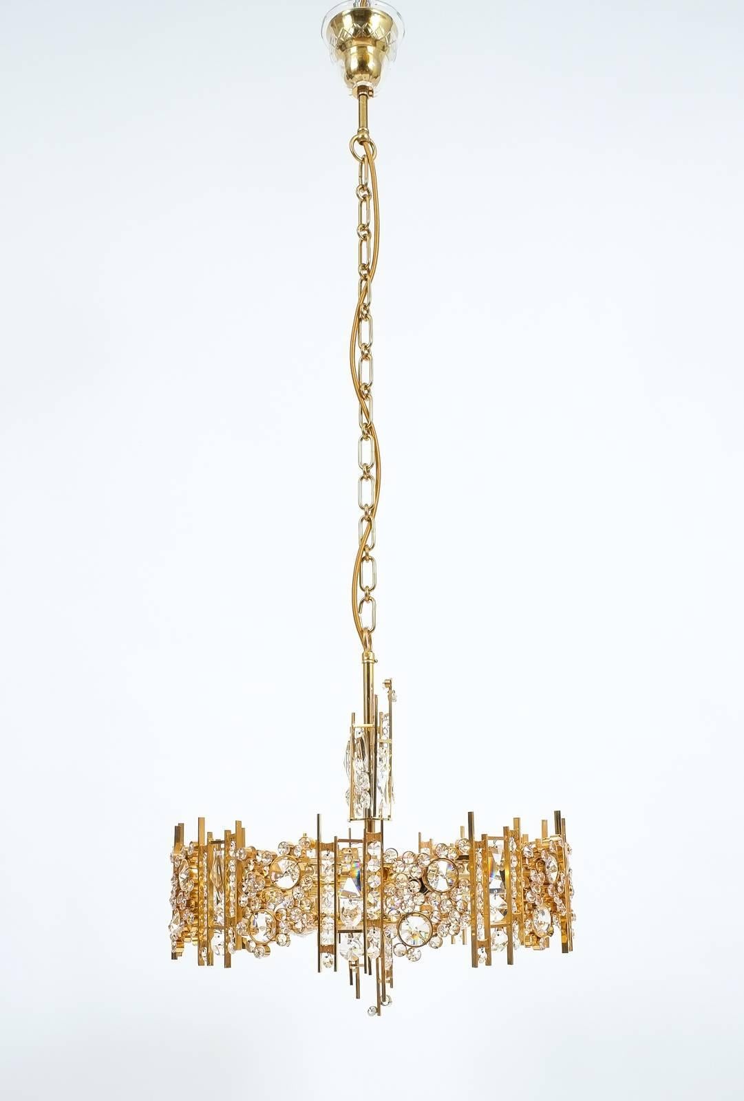 Hollywood Regency One of Two Golden Brass Crystal Glass Encrusted Chandeliers Palwa, Germany 1960