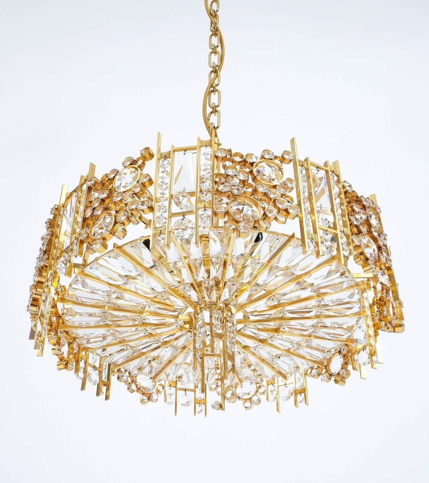 Gilt One of Two Golden Brass Crystal Glass Encrusted Chandeliers Palwa, Germany 1960