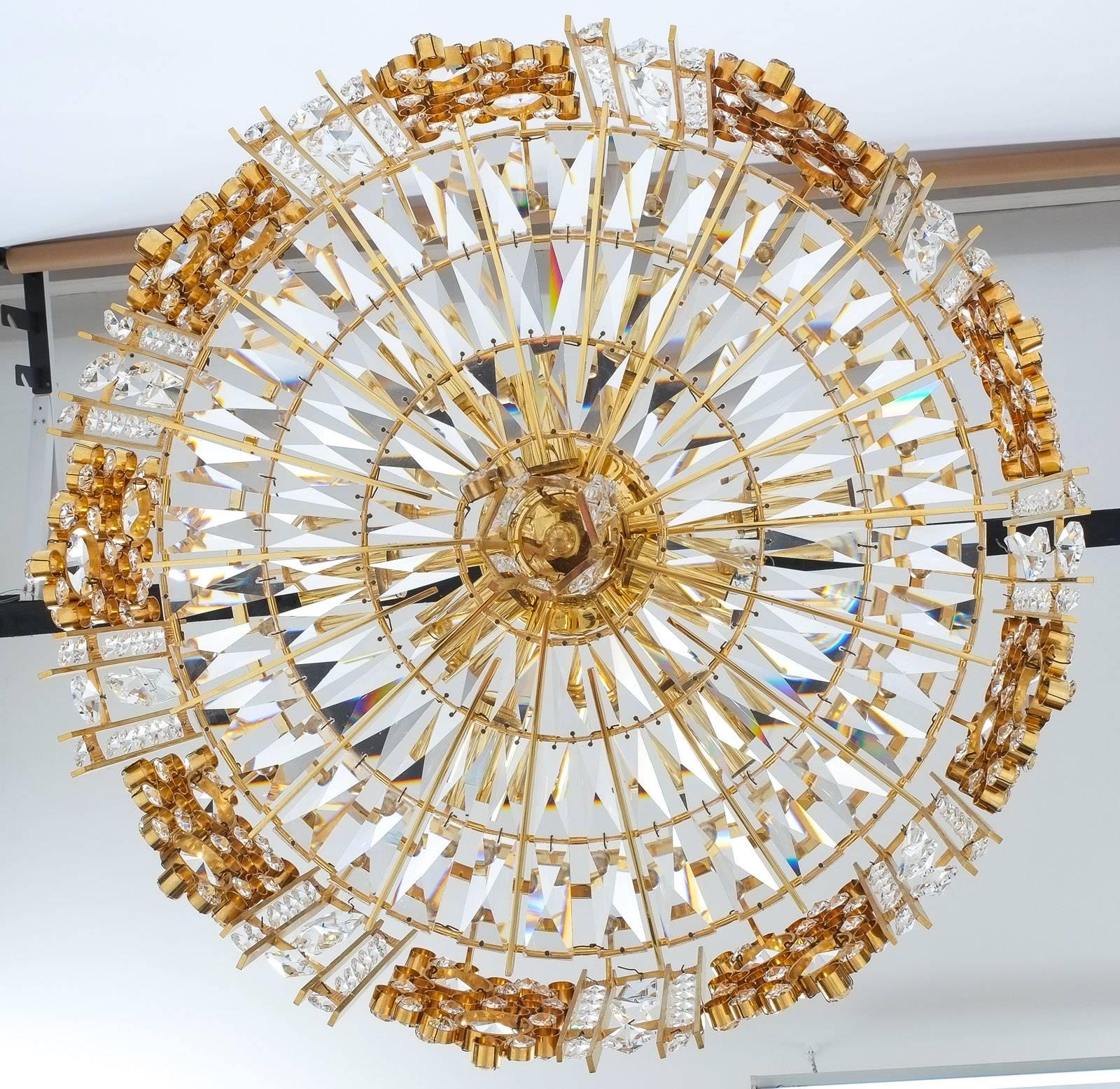 One of Two Golden Brass Crystal Glass Encrusted Chandeliers Palwa, Germany 1960 1