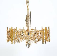 One of Two Golden Brass Crystal Glass Encrusted Chandeliers Palwa, Germany 1960