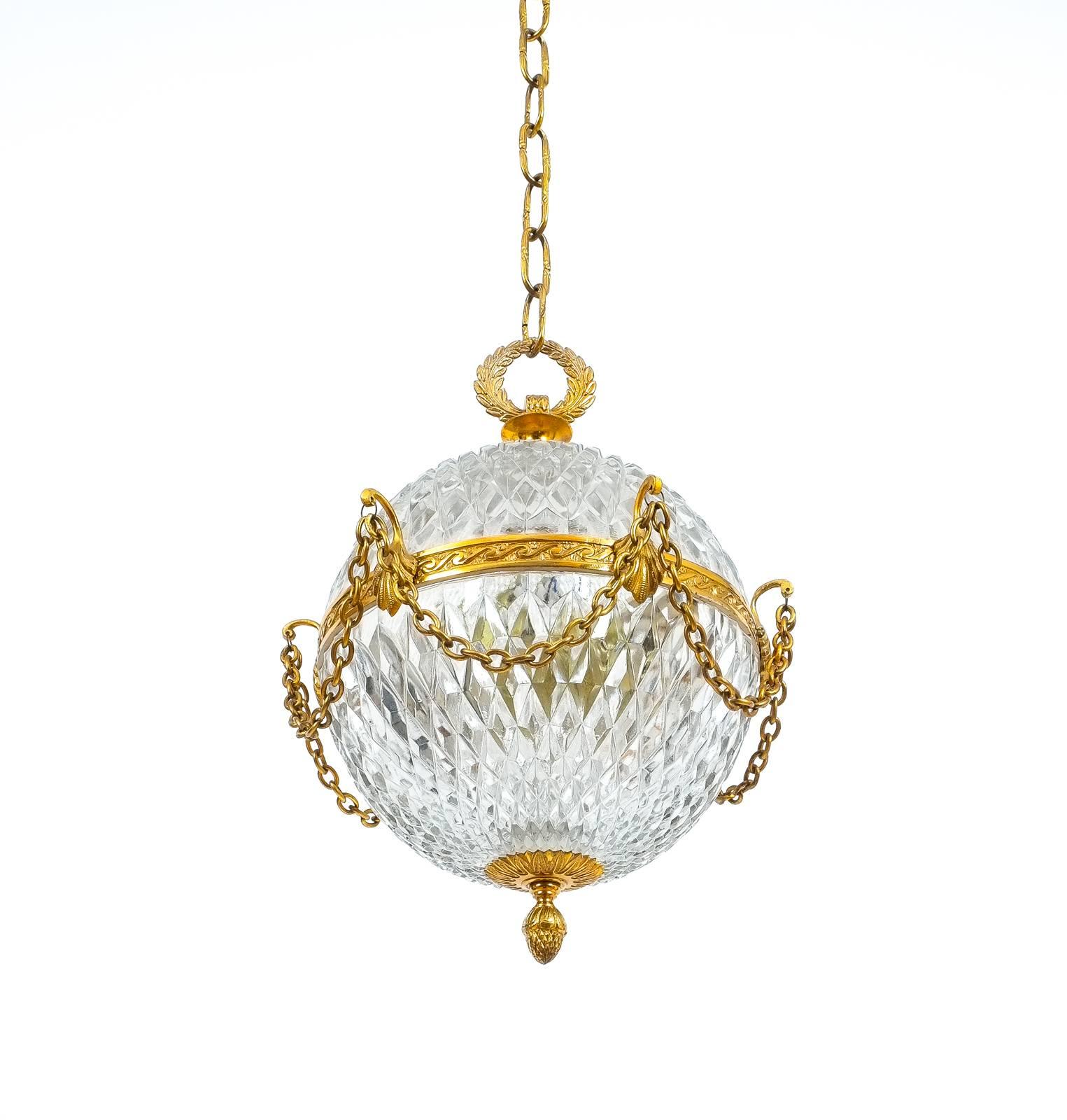 French Beautiful Pair of Neo-Empire Pendant Lights from Glass and Brass