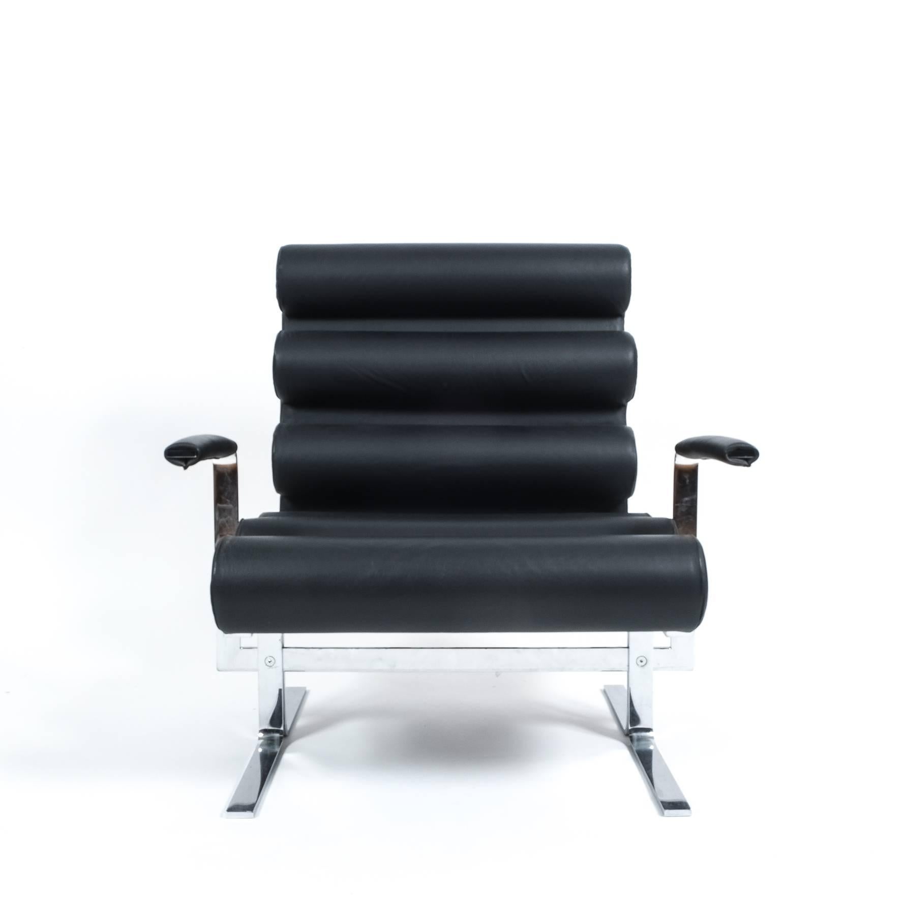 Modern Joe Colombo Roll black Leather and stainless steel Armchair with Footstool, 1962