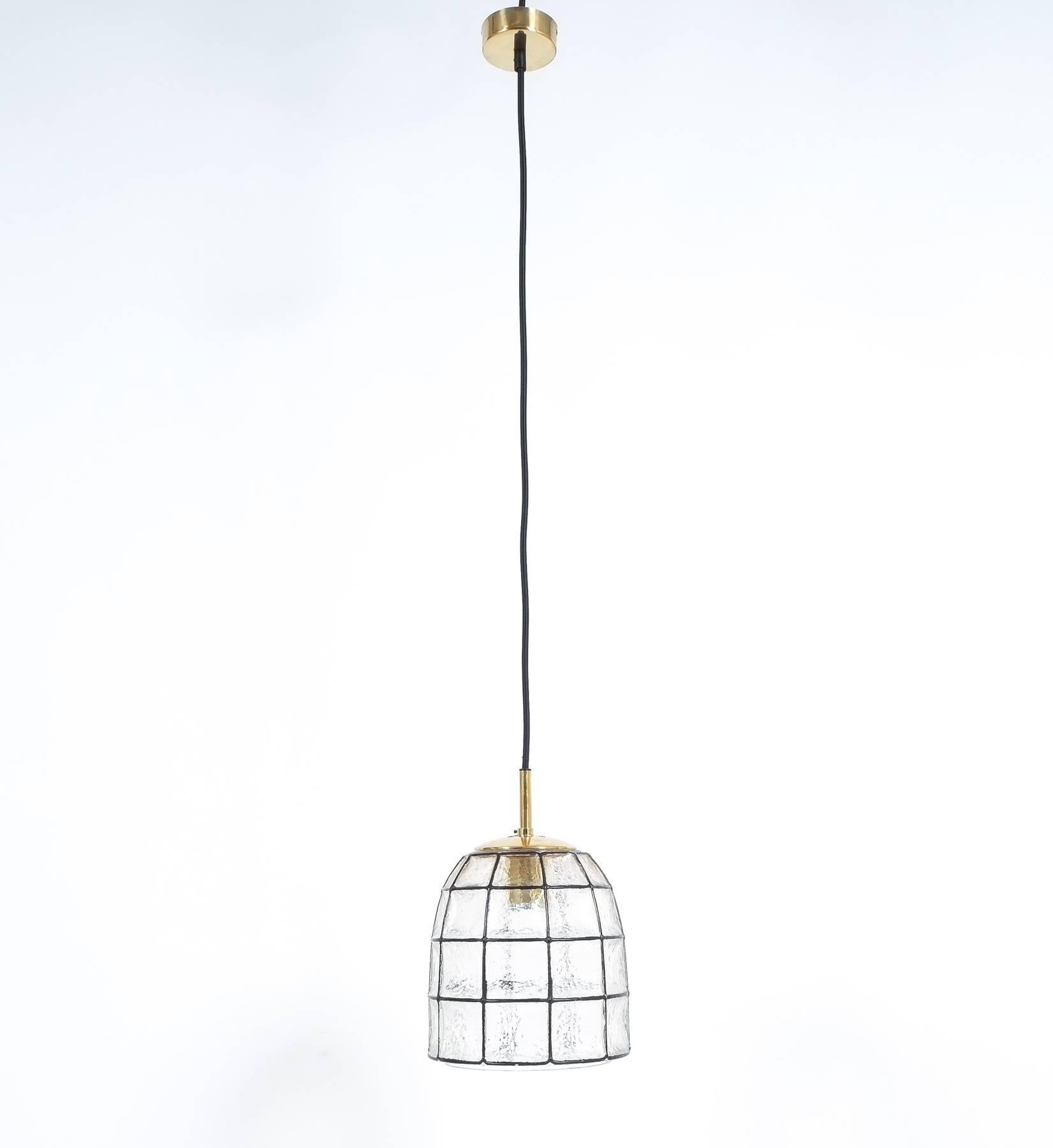 European Pair Iron and Glass Pendant Lamp with polished brass by Limburg, 1960