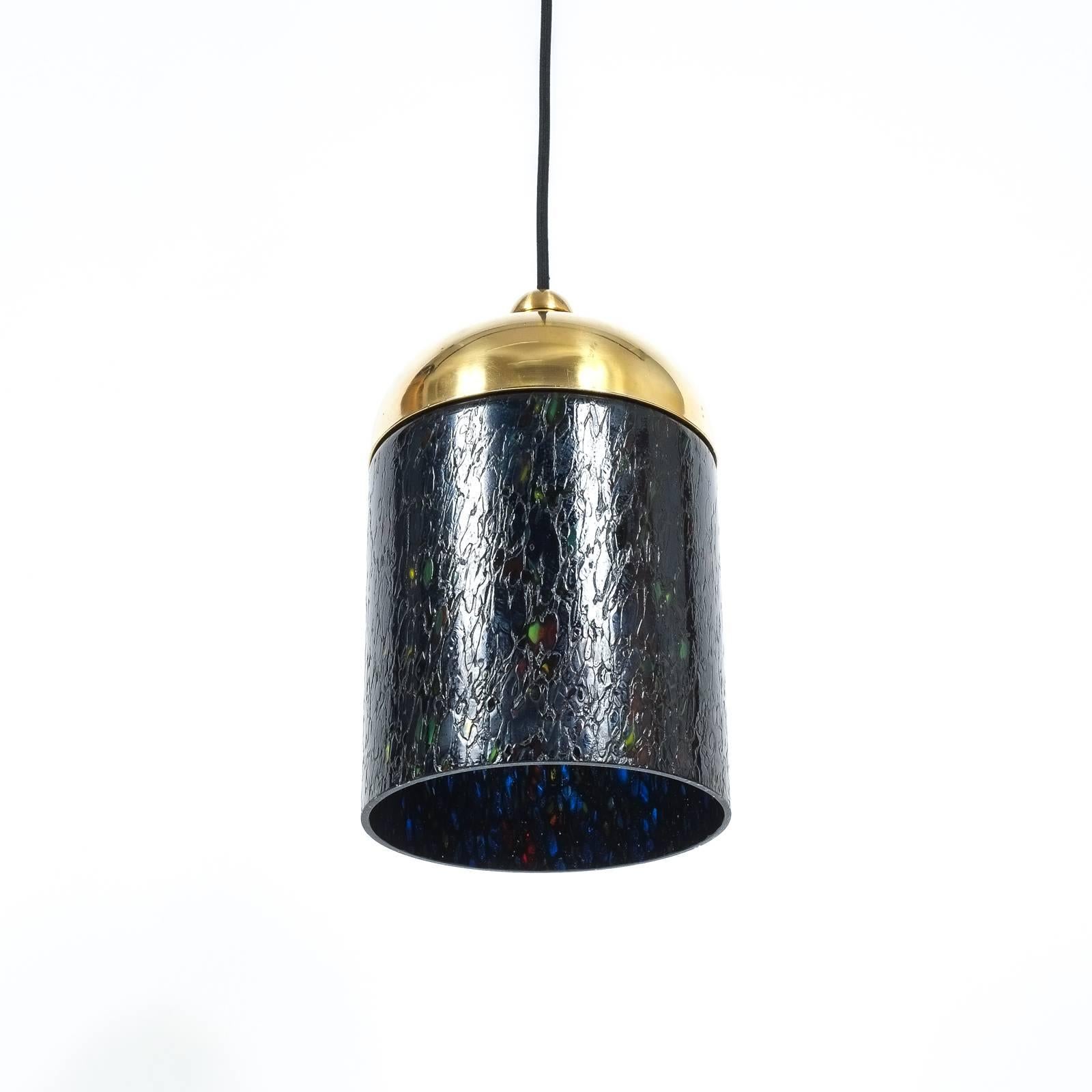 Italian Pair Gae Aulenti Venini Murano Blue Green Glass Brass Pendants circa 1970 For Sale