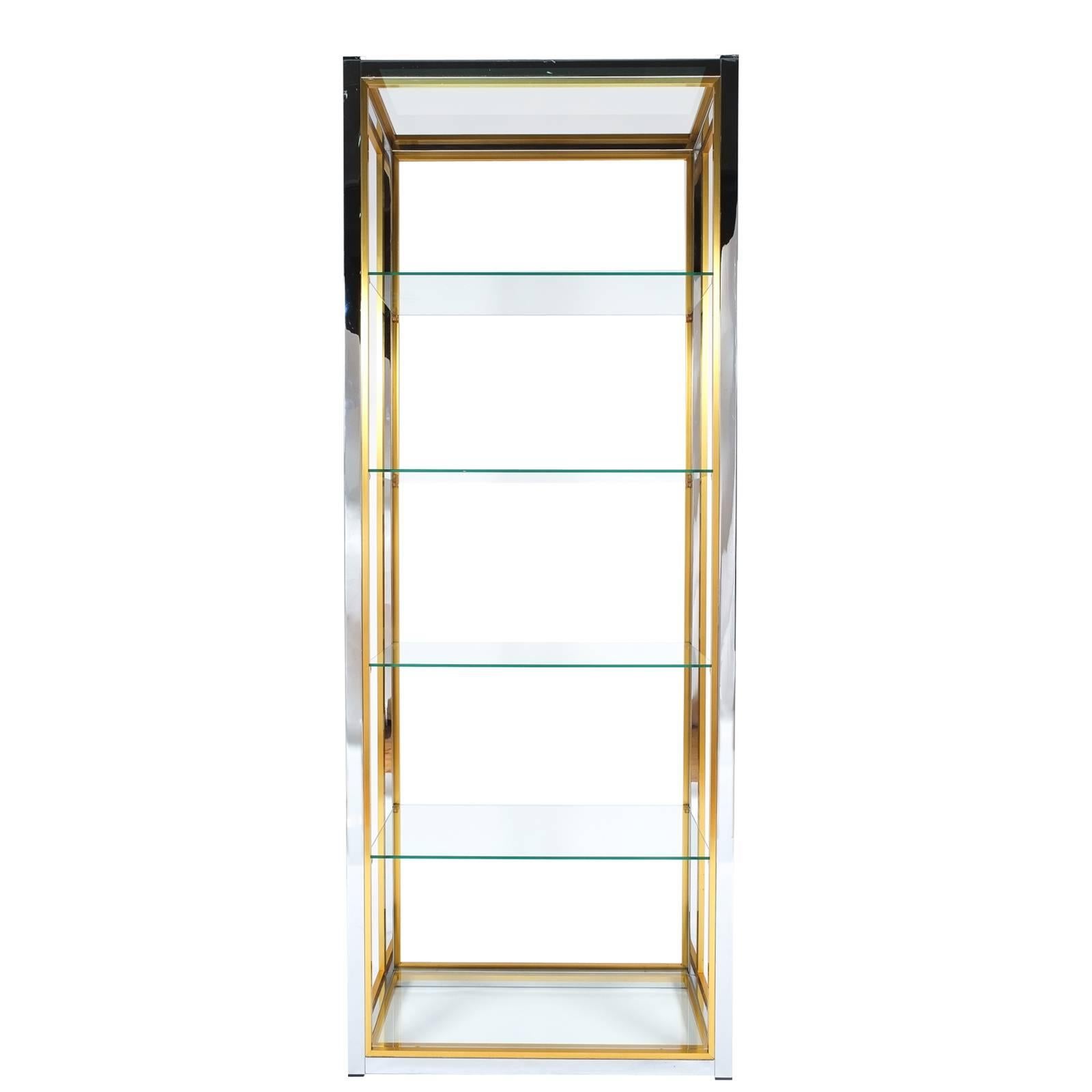 Beautiful and rare set of three identical 6' 8 shelves by Renato Zevi, Italy, 1970. Each comes with six clear glass tops supported by a chrome and brass frame.
The condition is excellent, newly polished and with glass shelf tops.
Priced and sold