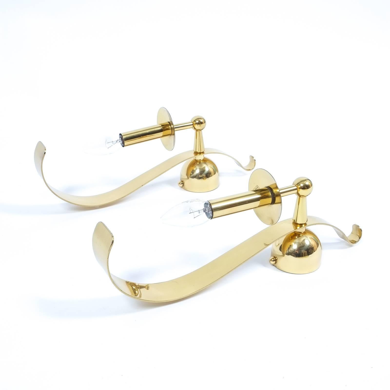 Polished Two Pairs of Brass Sconces, circa 1970 For Sale