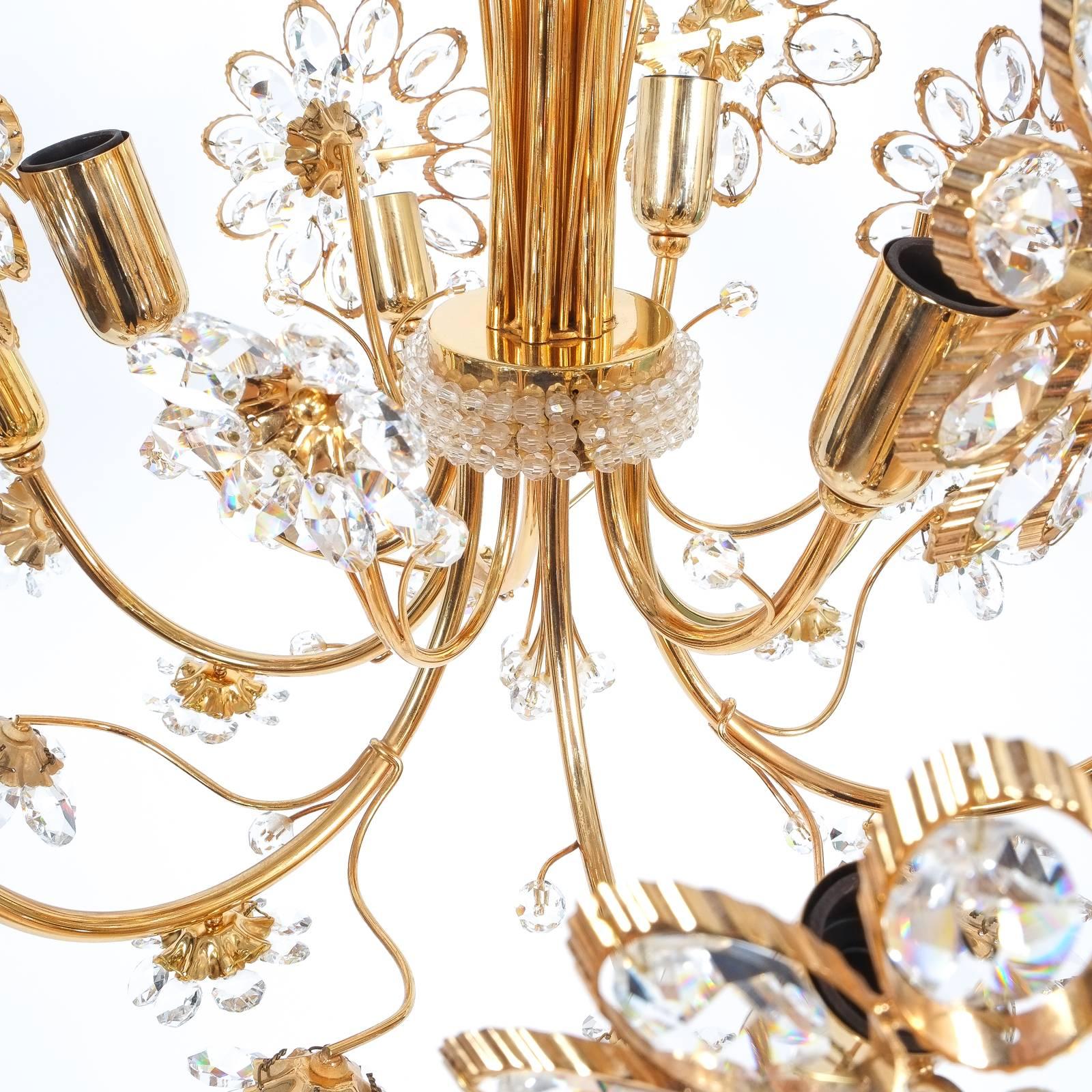 Late 20th Century Palwa Flower Chandelier Gilt Brass and Glass, Germany 1970
