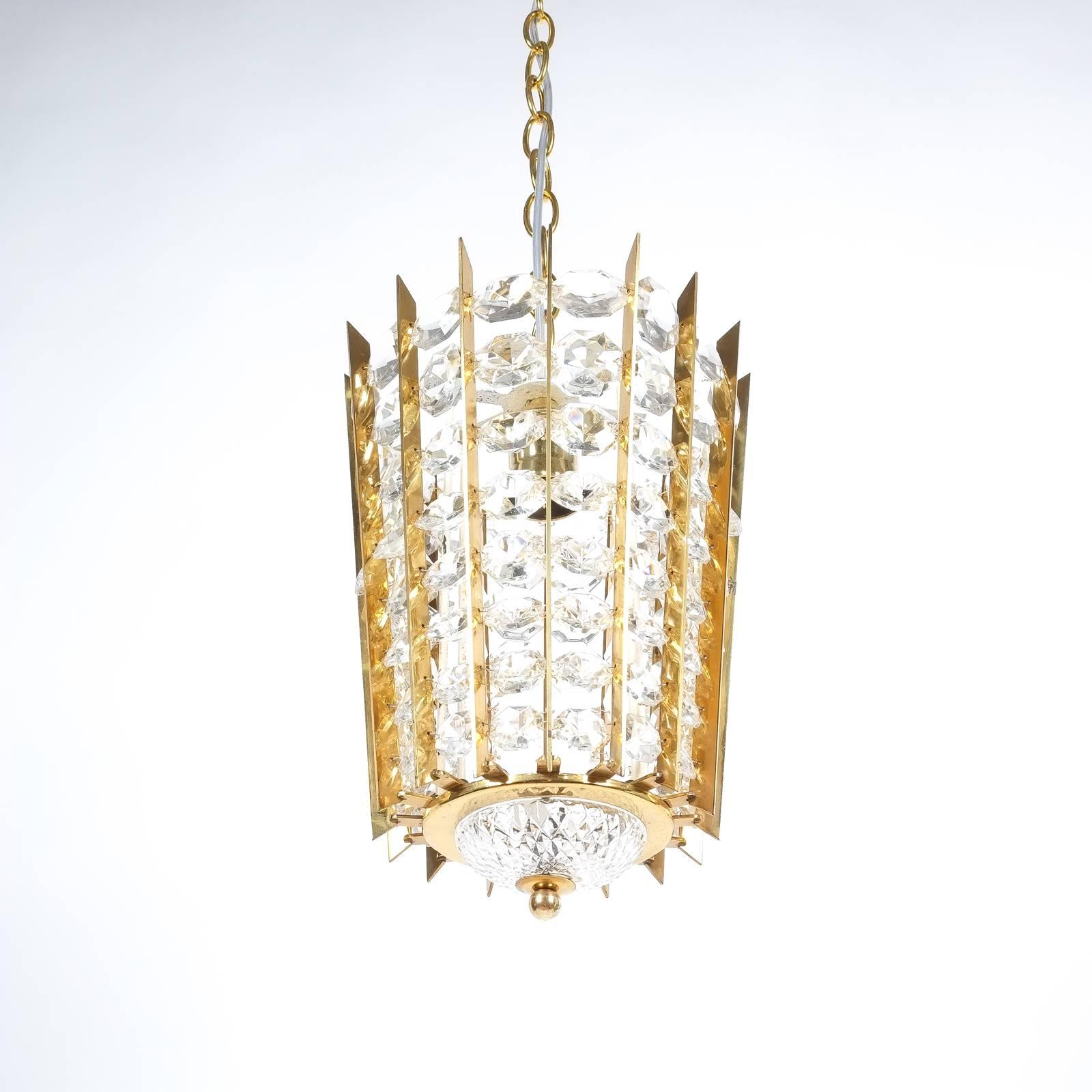 Mid-20th Century Pair of Bakalowits & Sohne Crystal Glass and Brass Pendant Lights