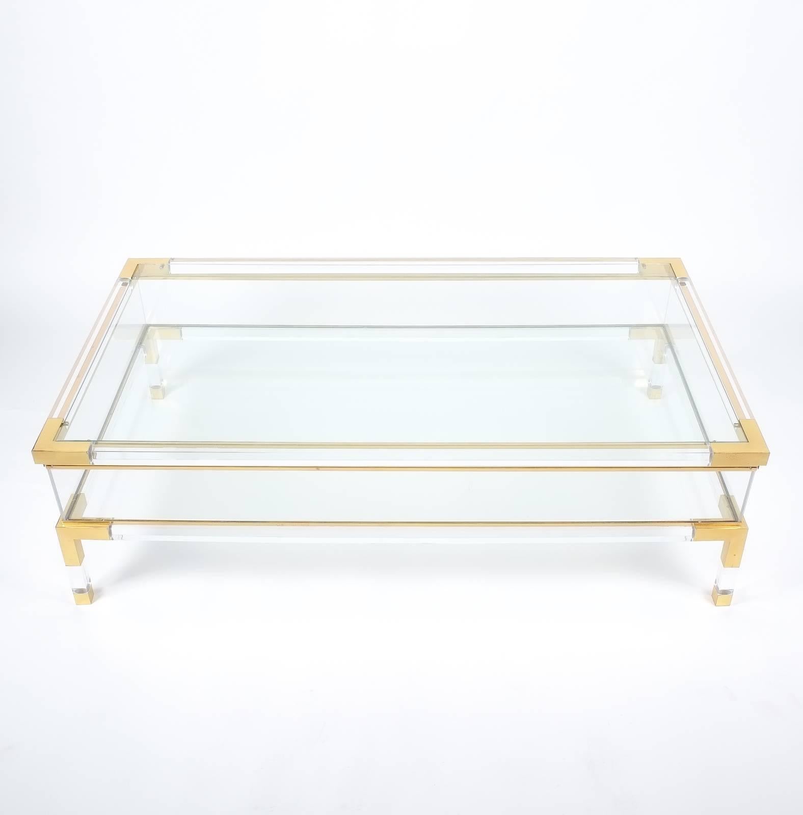 Polished Large Maison Jansen Lucite and Brass Vitrine Coffee Table