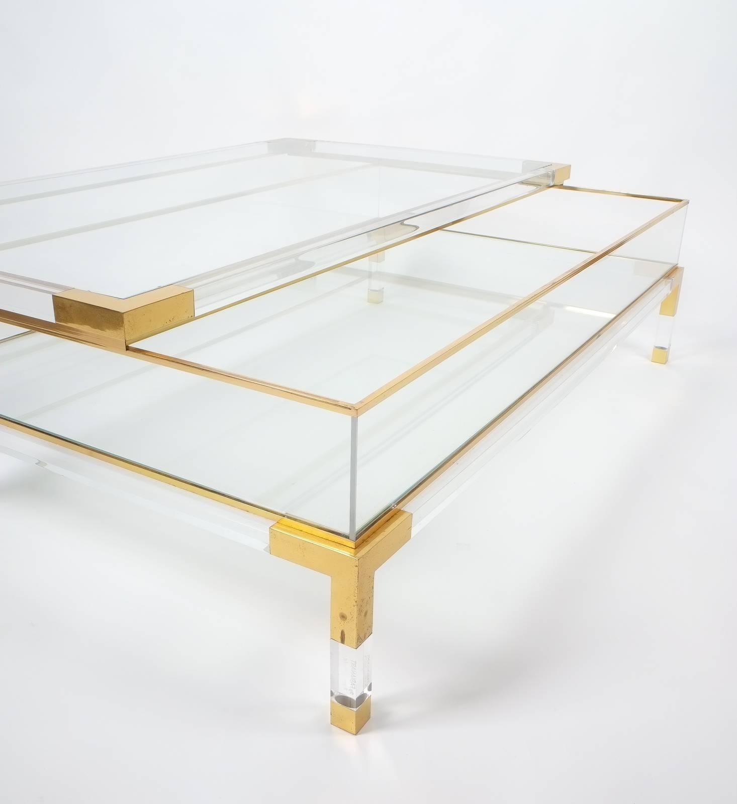 French Large Maison Jansen Lucite and Brass Vitrine Coffee Table