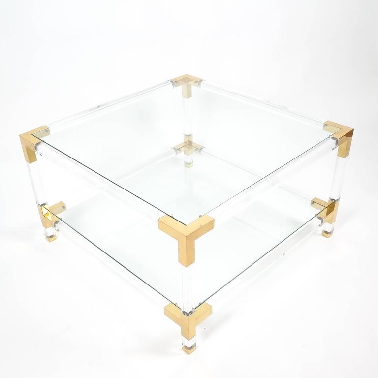 French Large Maison Jansen Lucite and Brass Coffee or Cocktail Table