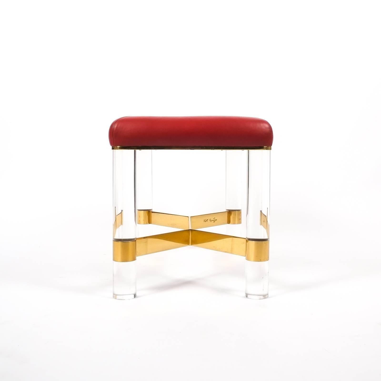 American Karl Springer Bench in Leather, Brass and Lucite, USA, 1970